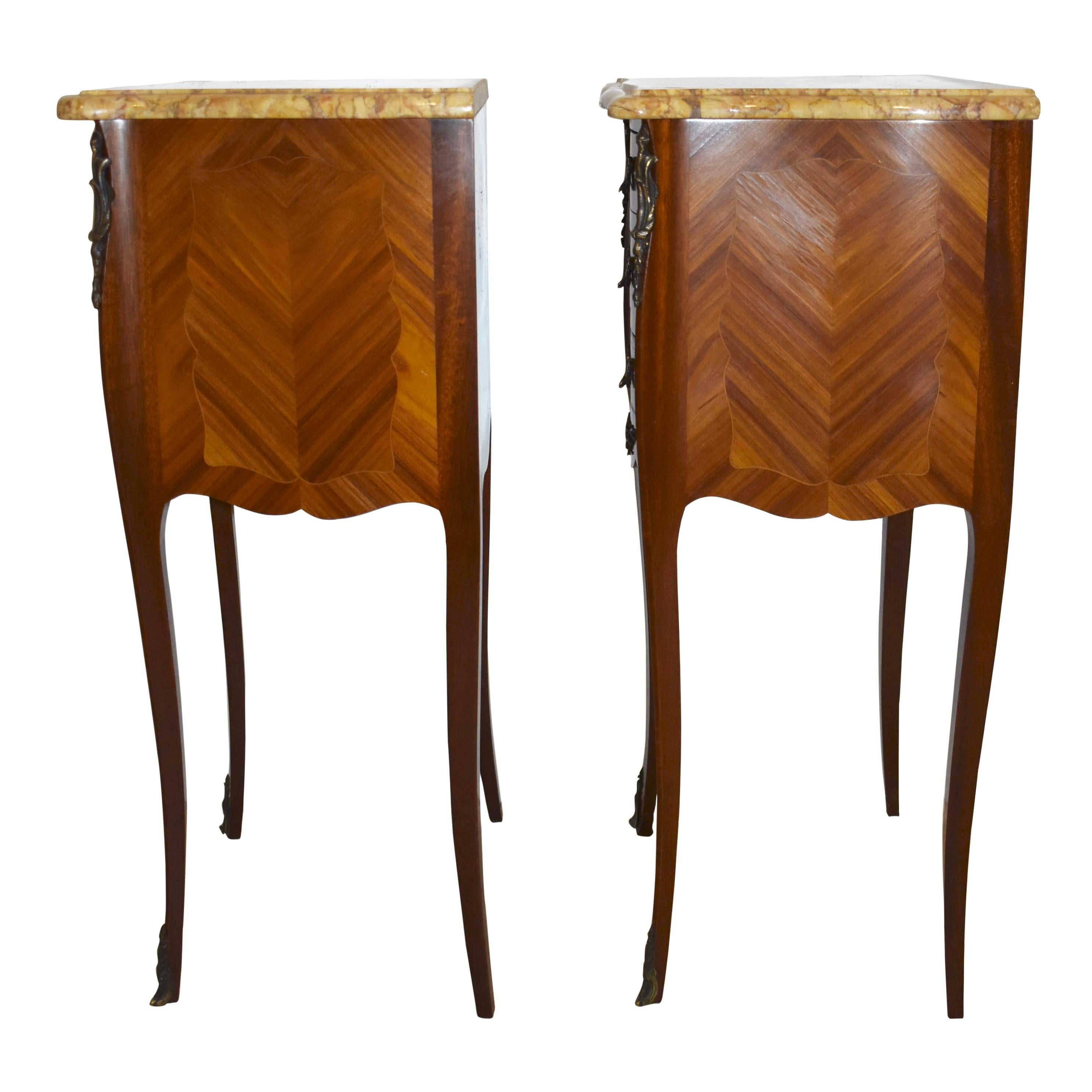 Belgian Louis XV Mahogany Nightstands with Marble Tops, Set of Two For Sale