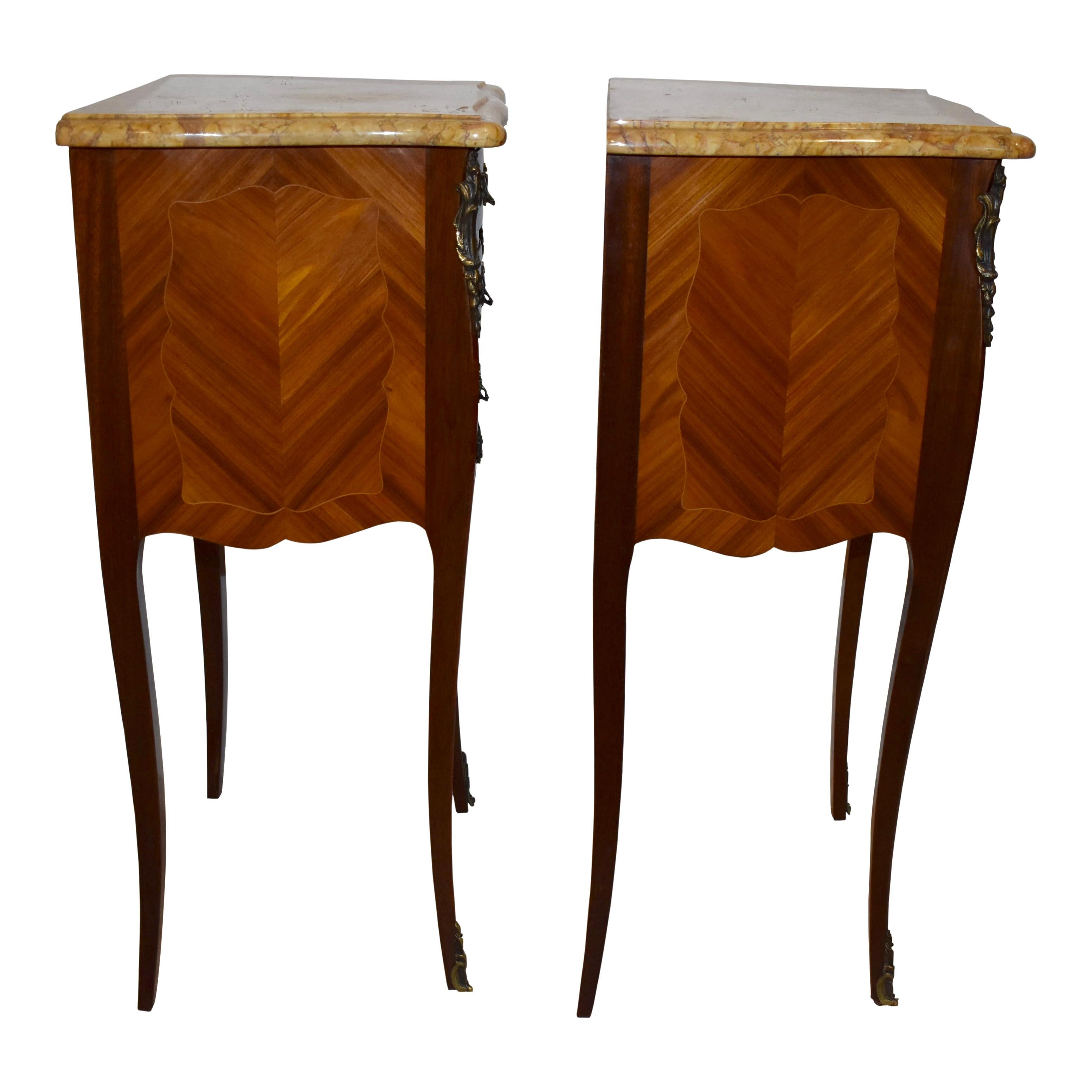 Veneer Louis XV Mahogany Nightstands with Marble Tops, Set of Two For Sale