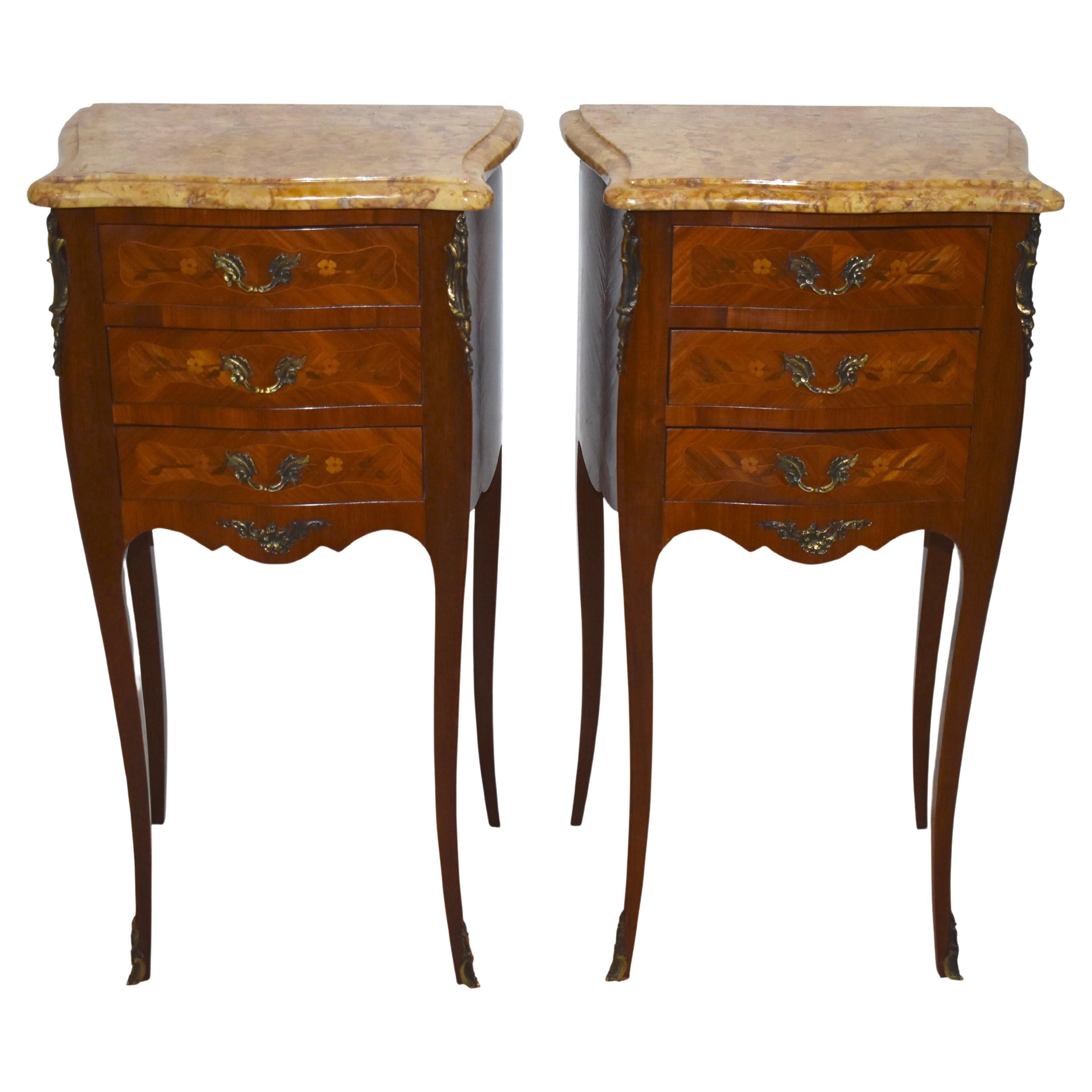 Louis XV Mahogany Nightstands with Marble Tops, Set of Two For Sale