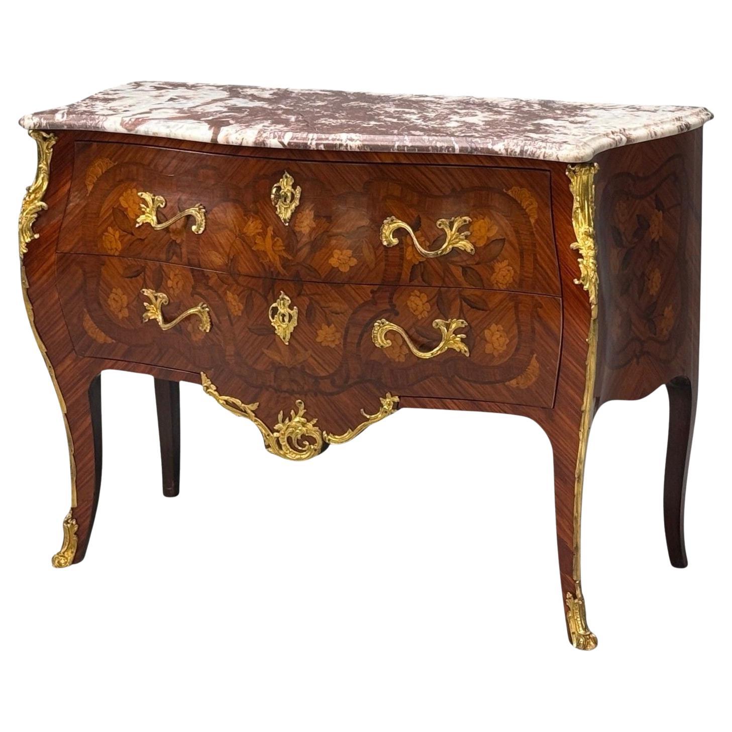 Louis XV, Marquetry, Bronze, Marble, Bombe Commode, France, 19th c. For Sale