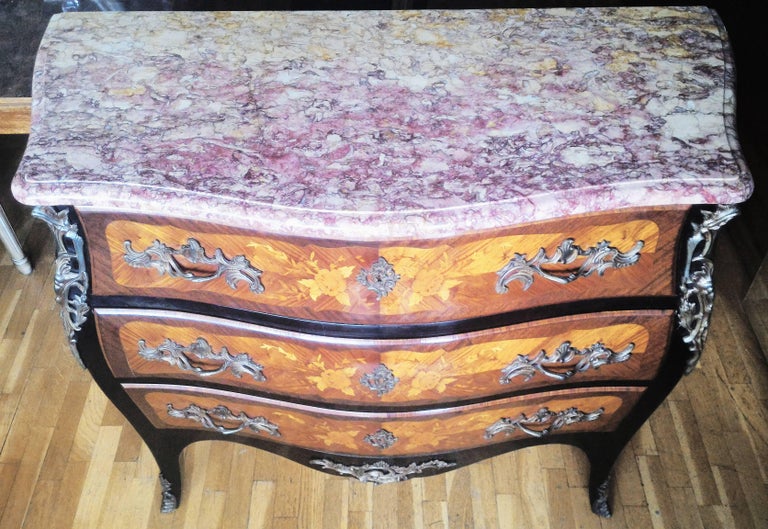 Louis XV Style Marquetry Commode and Pair of Bed Side Tables, French