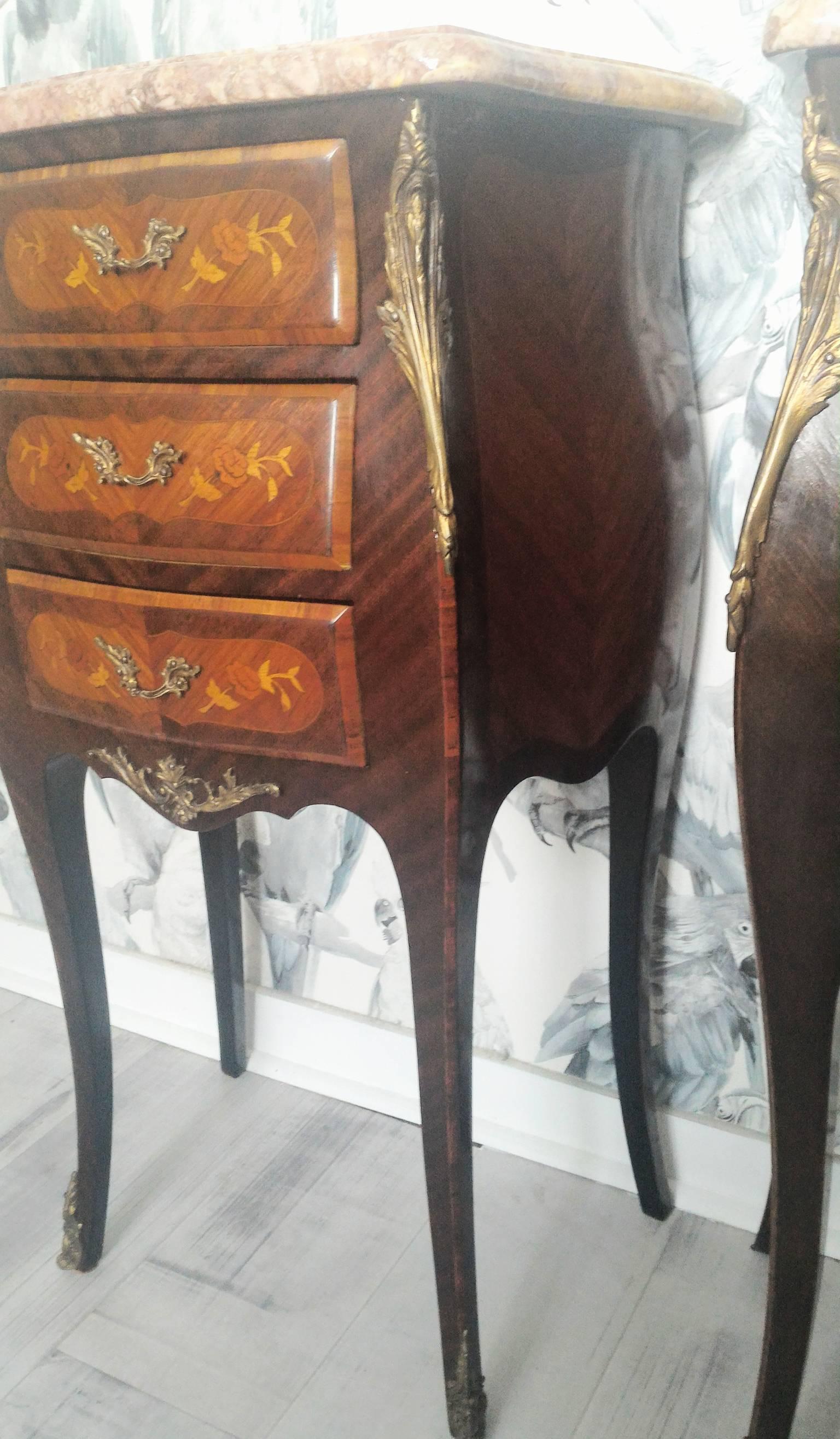 Louis XV Style Marquetry Commode and Pair of Bed Side Tables, French Bedroom Set 1