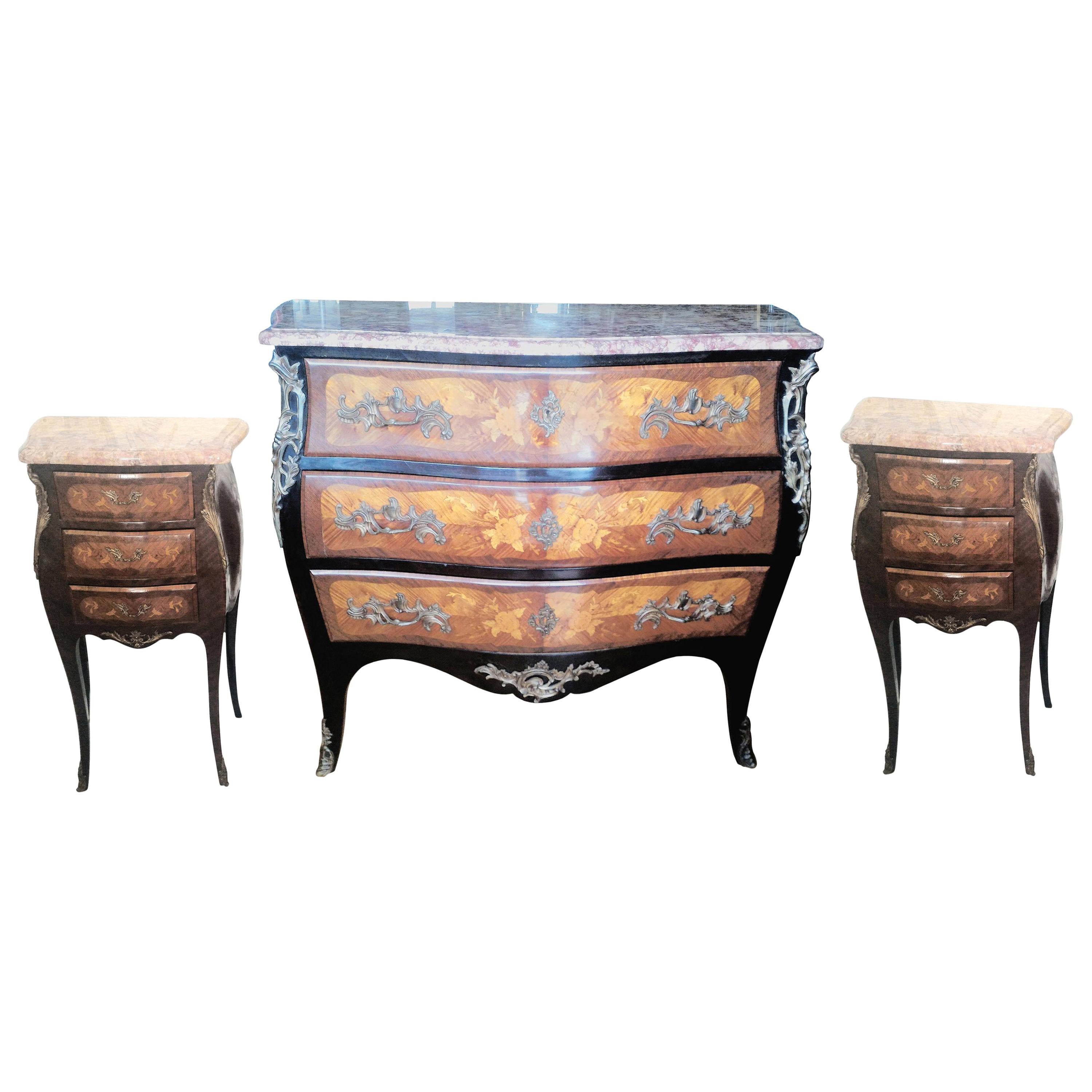 Louis XV Style Marquetry Commode and Pair of Bed Side Tables, French Bedroom Set