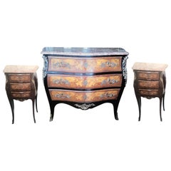 Louis XV Style Marquetry Commode and Pair of Bed Side Tables, French Bedroom Set