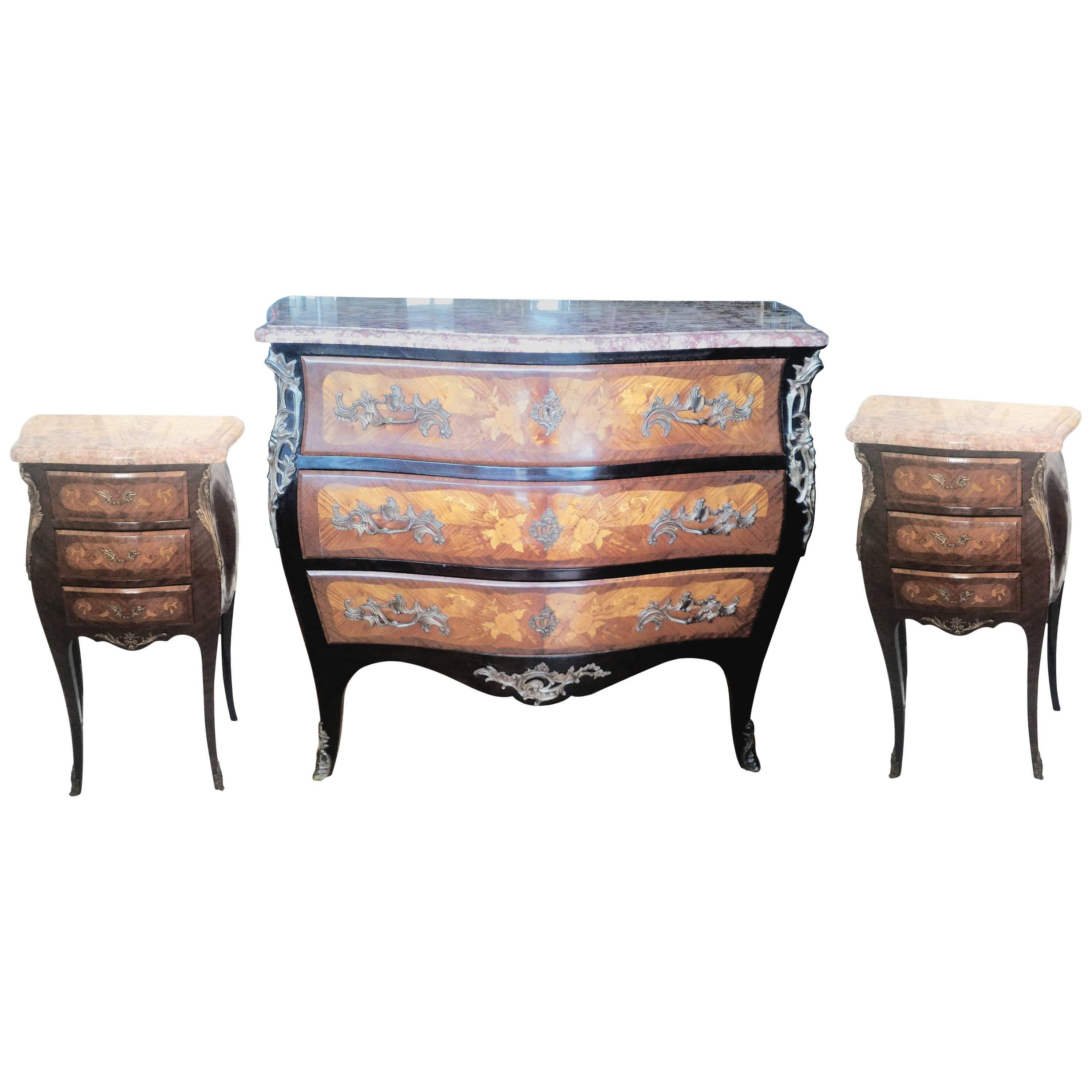 Louis XV Marquetry Commode and Pair of Bed Side Tables, French Bedroom Set