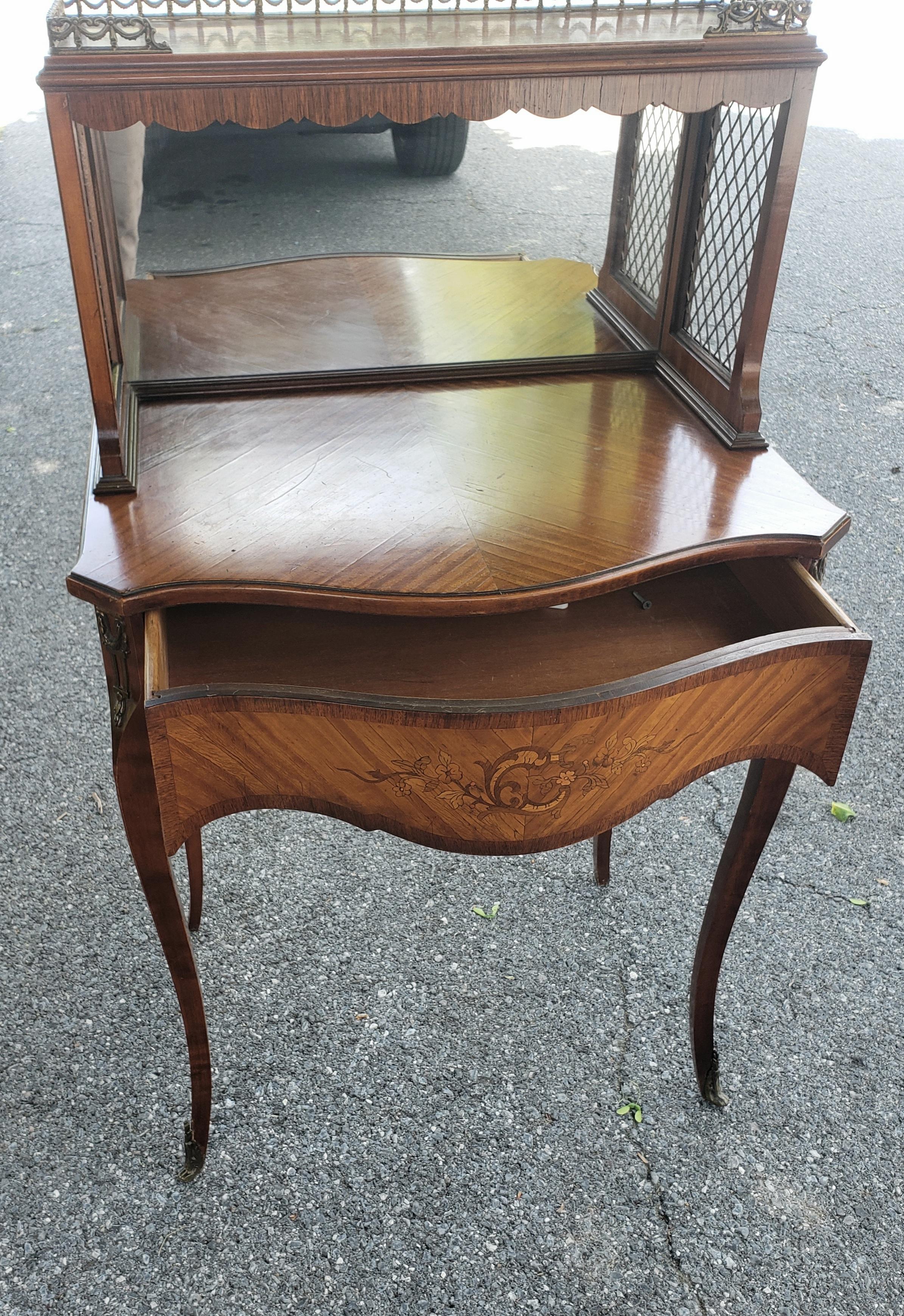 20th Century Louis XV Marquetry Mirrored and Galleried Bonheur Du Jour Ladies' Bureau Vanity For Sale