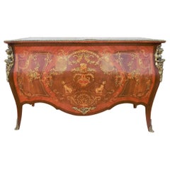 Louis XV Marquetry Style Mahogany Brass Ormolu Mounted Bombe Leather Top Desk
