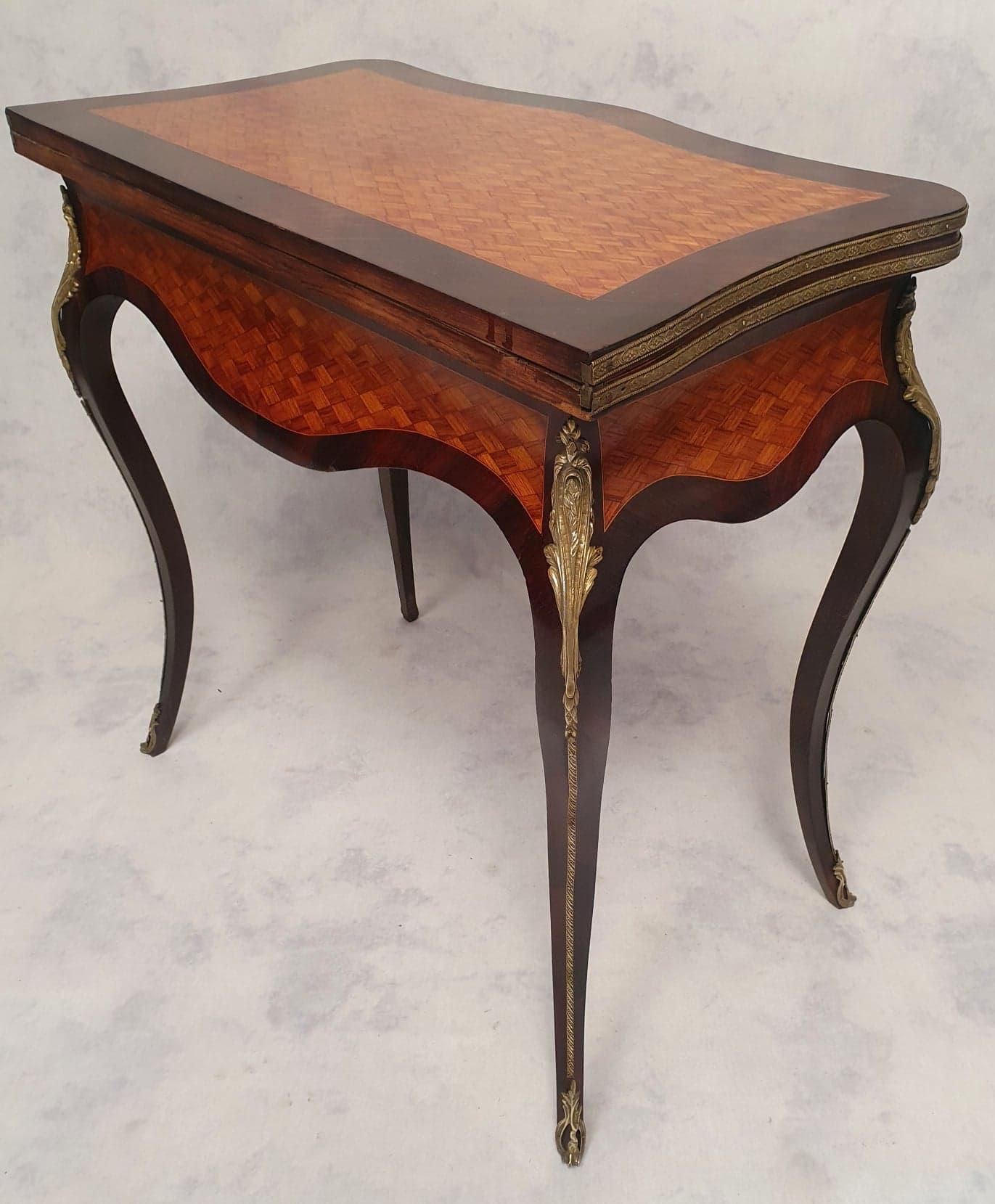 Bronze Louis XV Napoleon III Game Table, Marquetry, Rosewood & Rosewood, 19th C For Sale