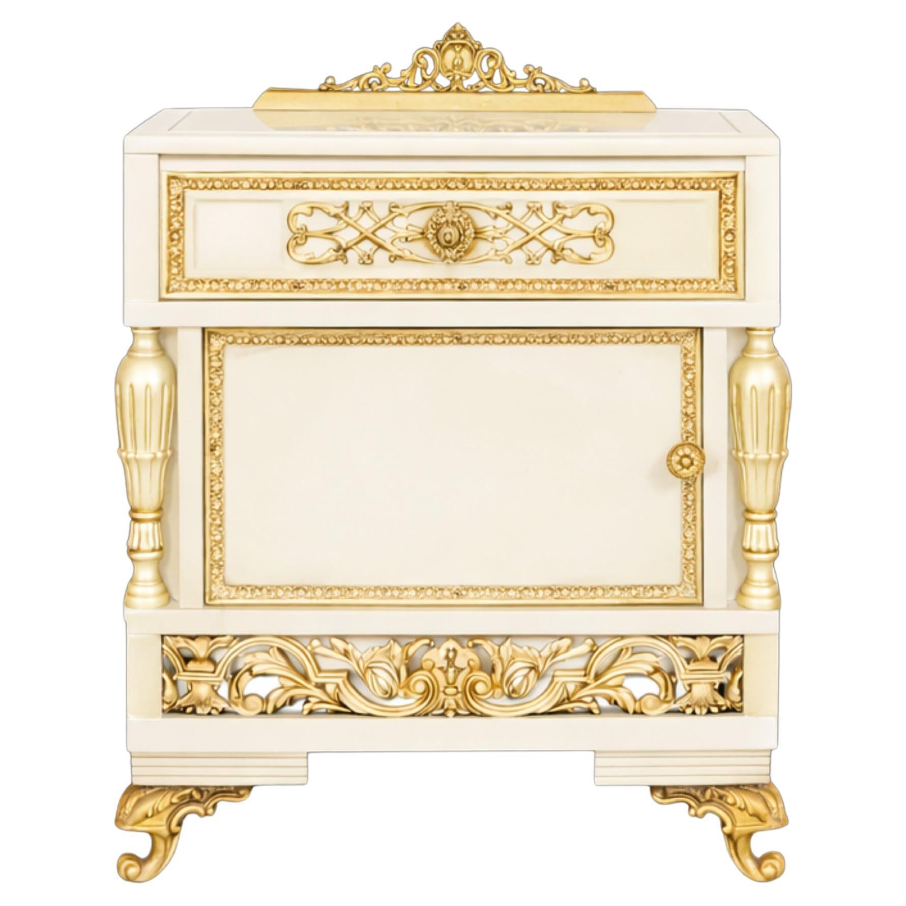 Louis XV Nightstand – Off White Lacquer Mirrored Top, Bronze, 20th Century