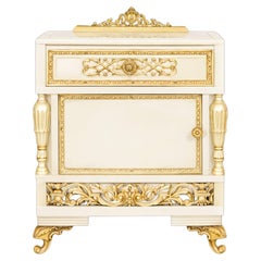 Louis XV Nightstand – Off White Lacquer Mirrored Top, Bronze, 20th Century