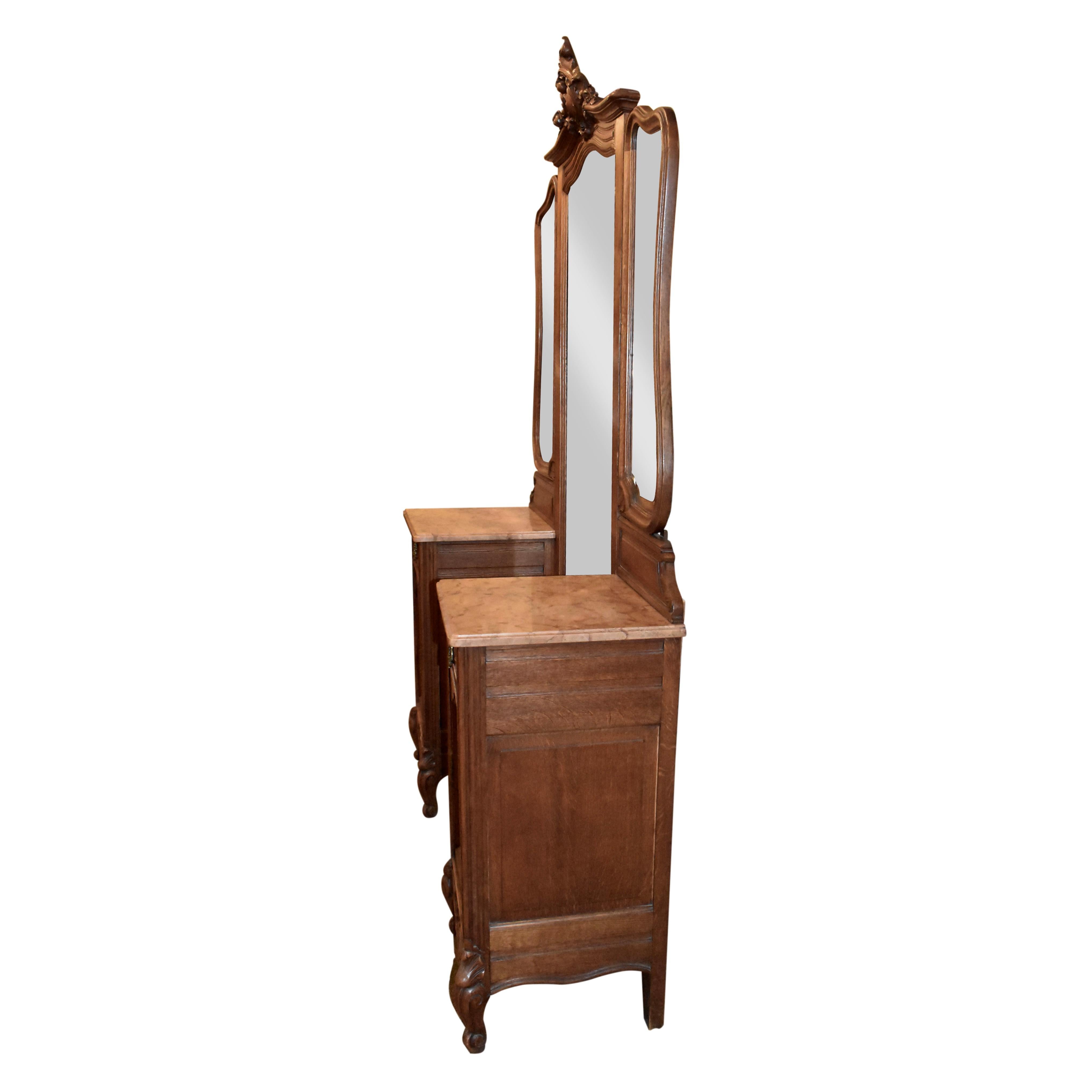 Belgian Louis XV Oak Dressing Table with Full Length Mirror, circa 1895 For Sale