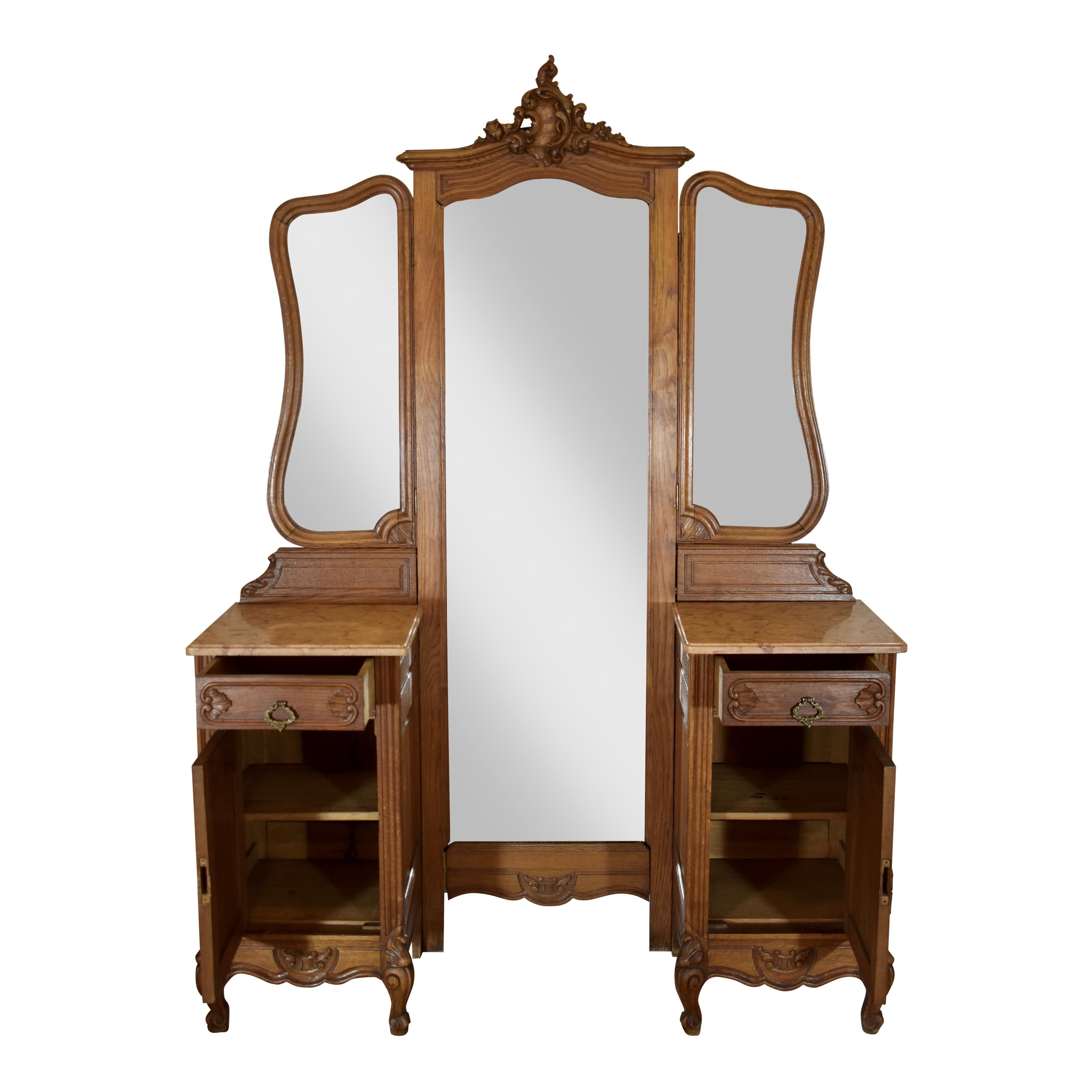 Carved Louis XV Oak Dressing Table with Full Length Mirror, circa 1895 For Sale
