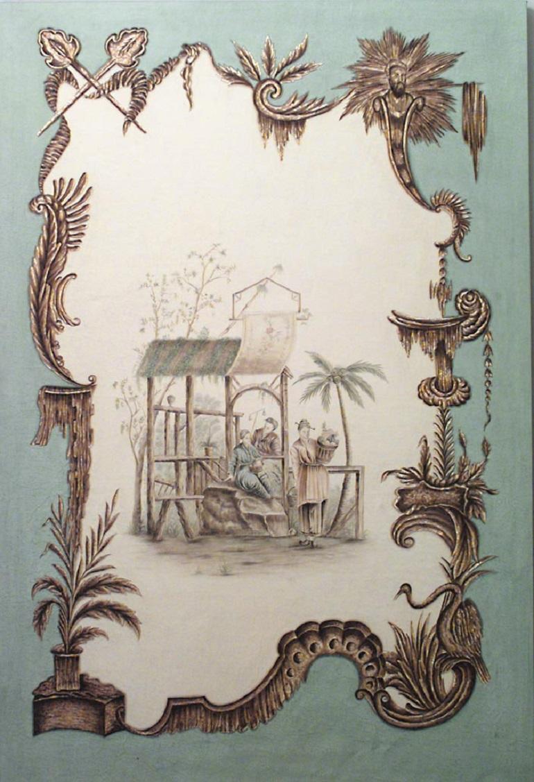 French Louis XV style (20th Century) oil on canvas celadon painting of Chinoiserie genre scenes in the style of Jean Pillement.
       