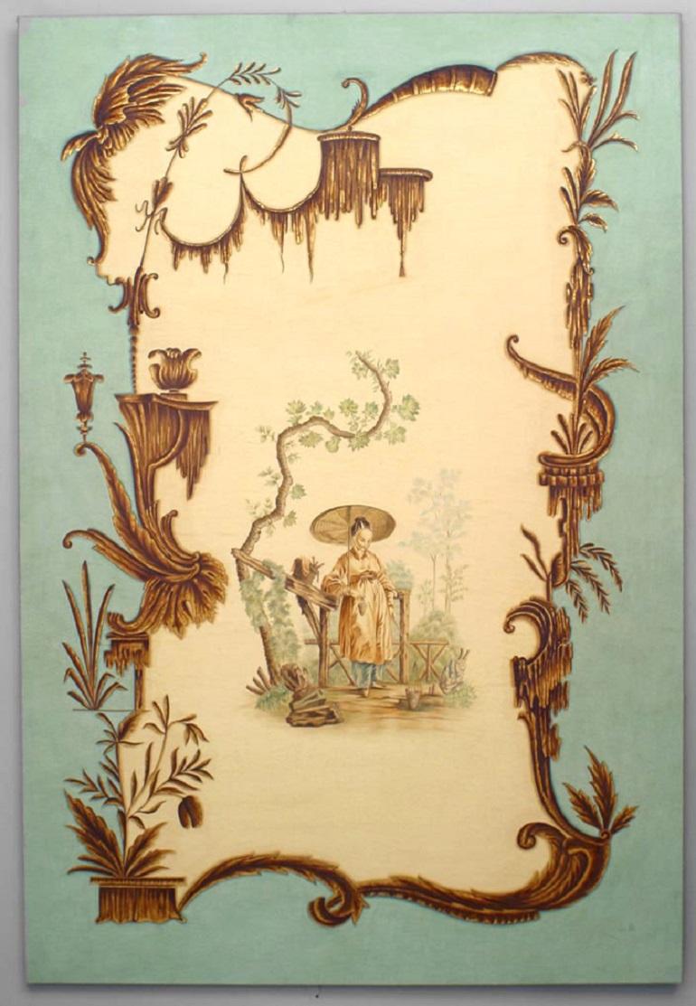 Louis XV. Öl Celadon Chinoiserie Genre-Szenen, Louis XV.-Ölgemälde (Geölt) im Angebot