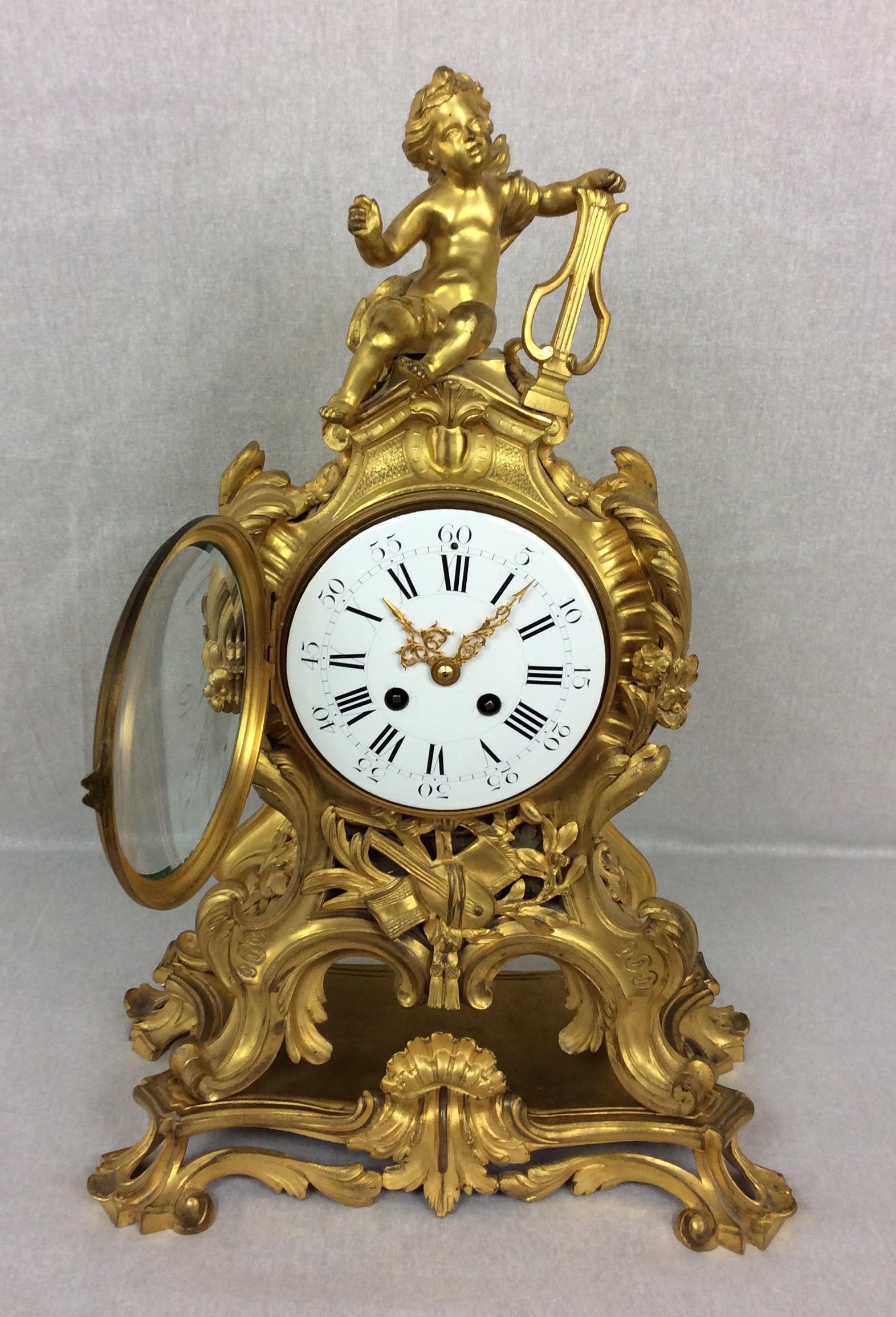 Louis XV French Rococo Ormolu Mantel Clock Set After Meissonnier, Samuel Marti  For Sale