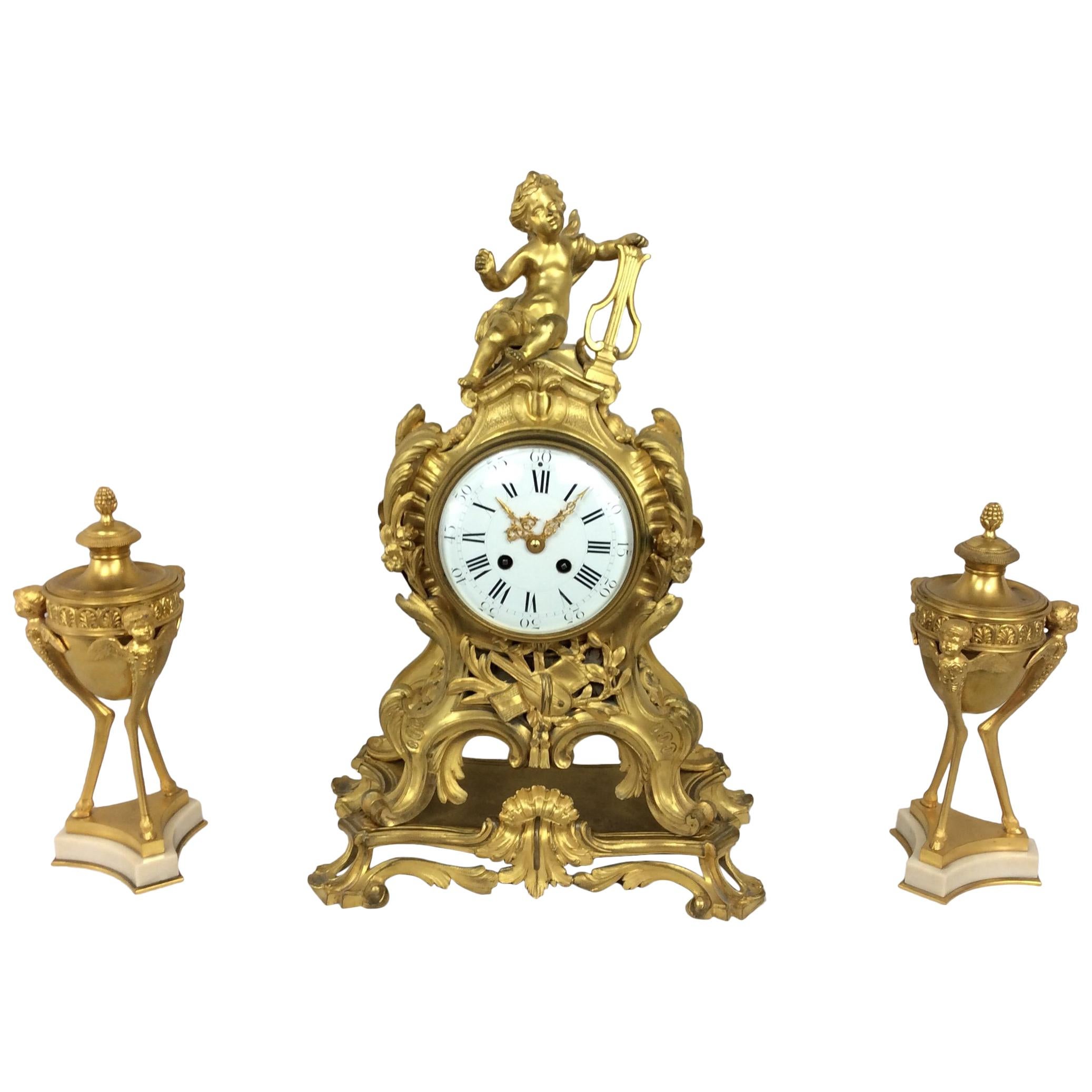 Louis XV Ormolu Mantel Clock by S. Marti Et Cie with Garniture Set