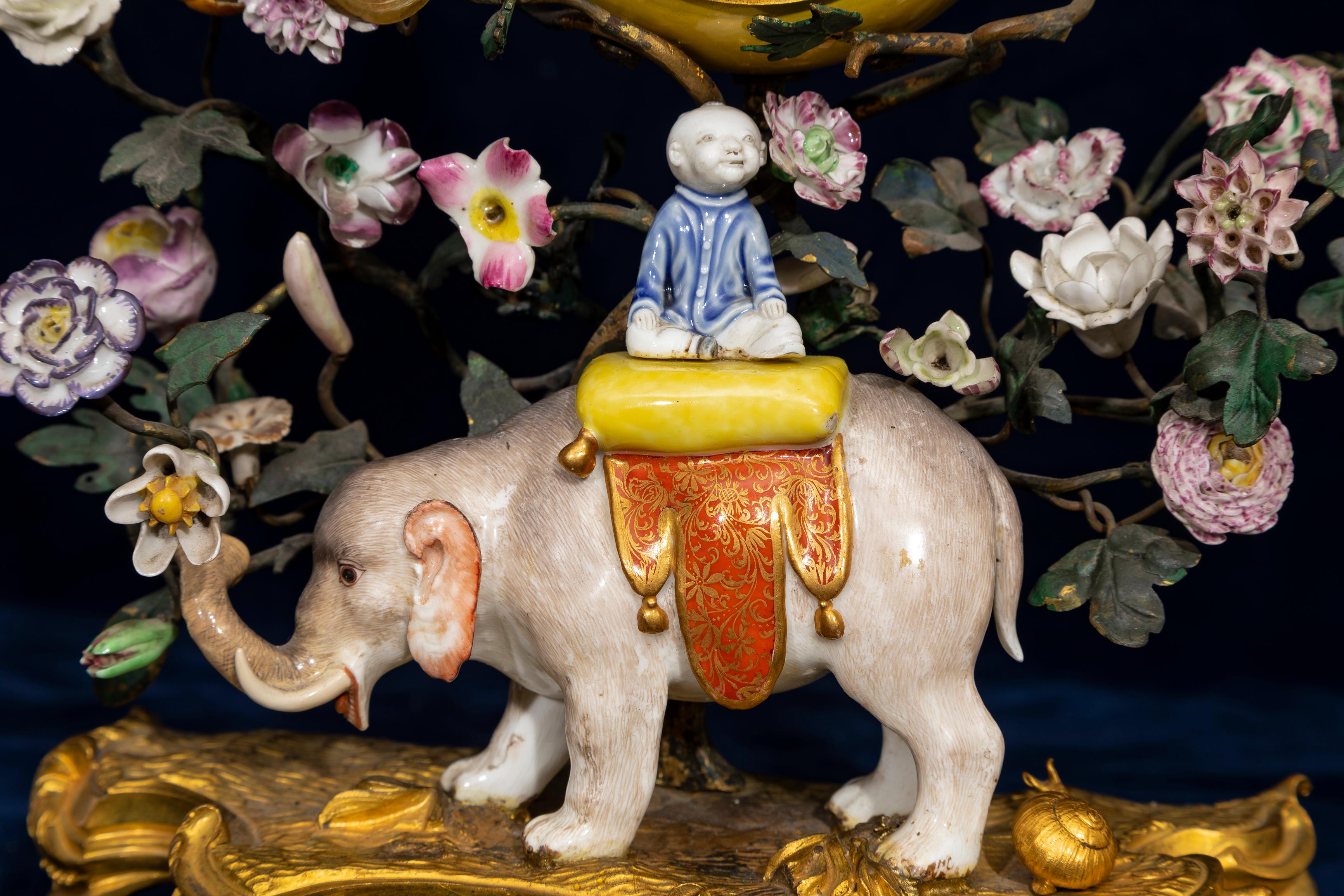 Louis XV Ormolu Mntd. Meissen Porcelain Chinoiserie Elephant Clock w/ Snail For Sale 5