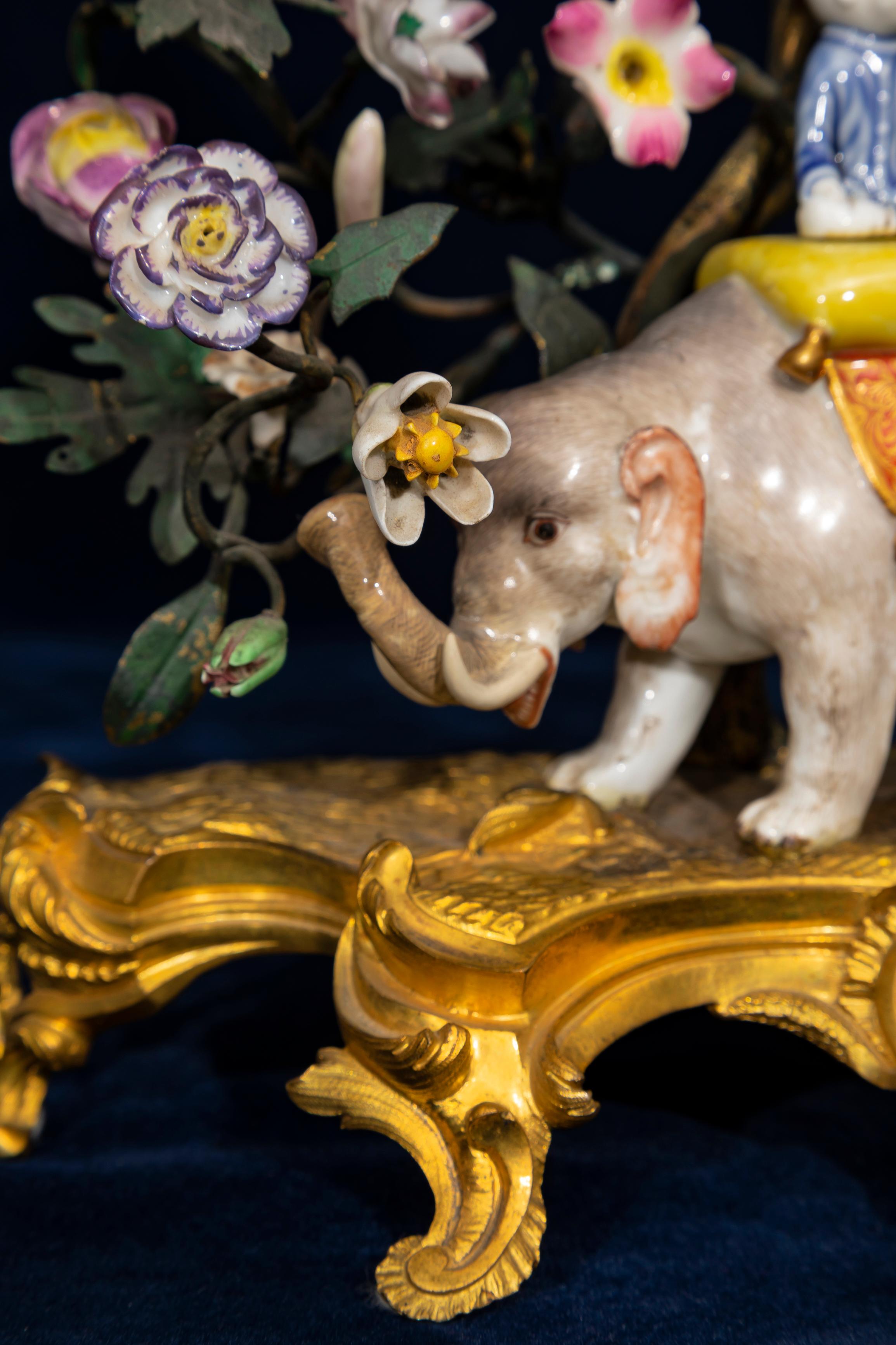 Louis XV Ormolu Mntd. Meissen Porcelain Chinoiserie Elephant Clock w/ Snail For Sale 8