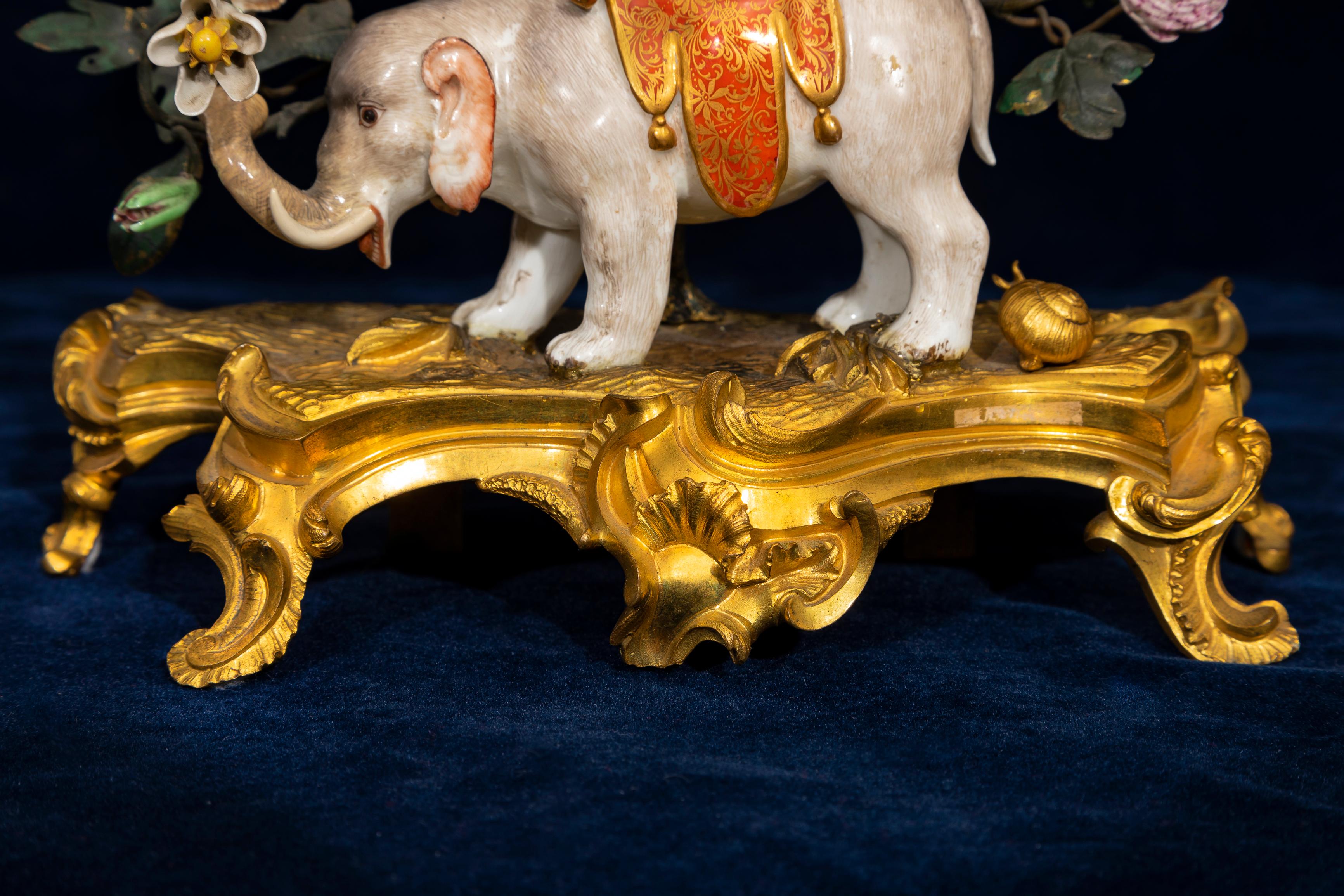 Louis XV Ormolu Mntd. Meissen Porcelain Chinoiserie Elephant Clock w/ Snail For Sale 11