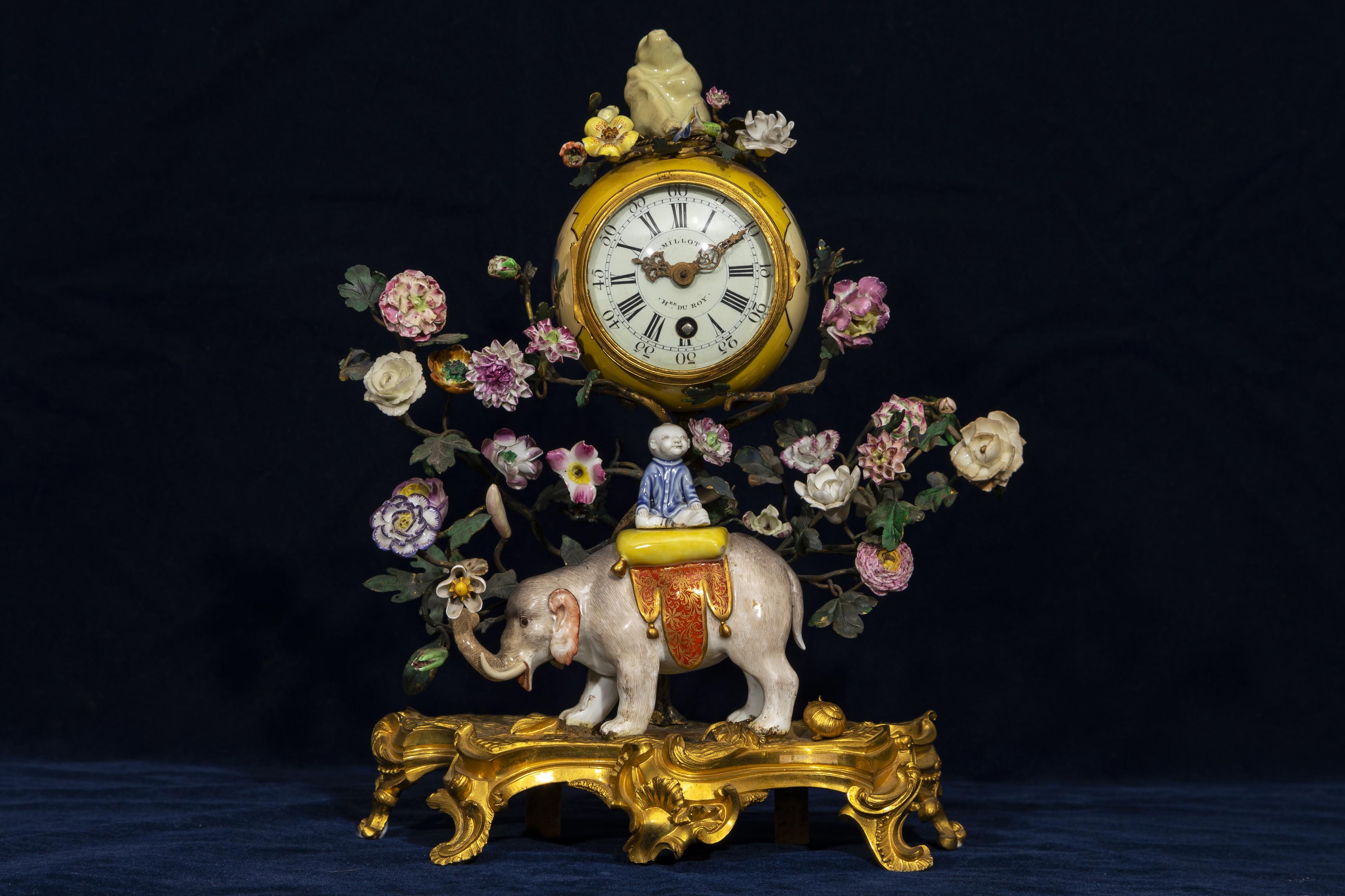 German Louis XV Ormolu Mntd. Meissen Porcelain Chinoiserie Elephant Clock w/ Snail For Sale
