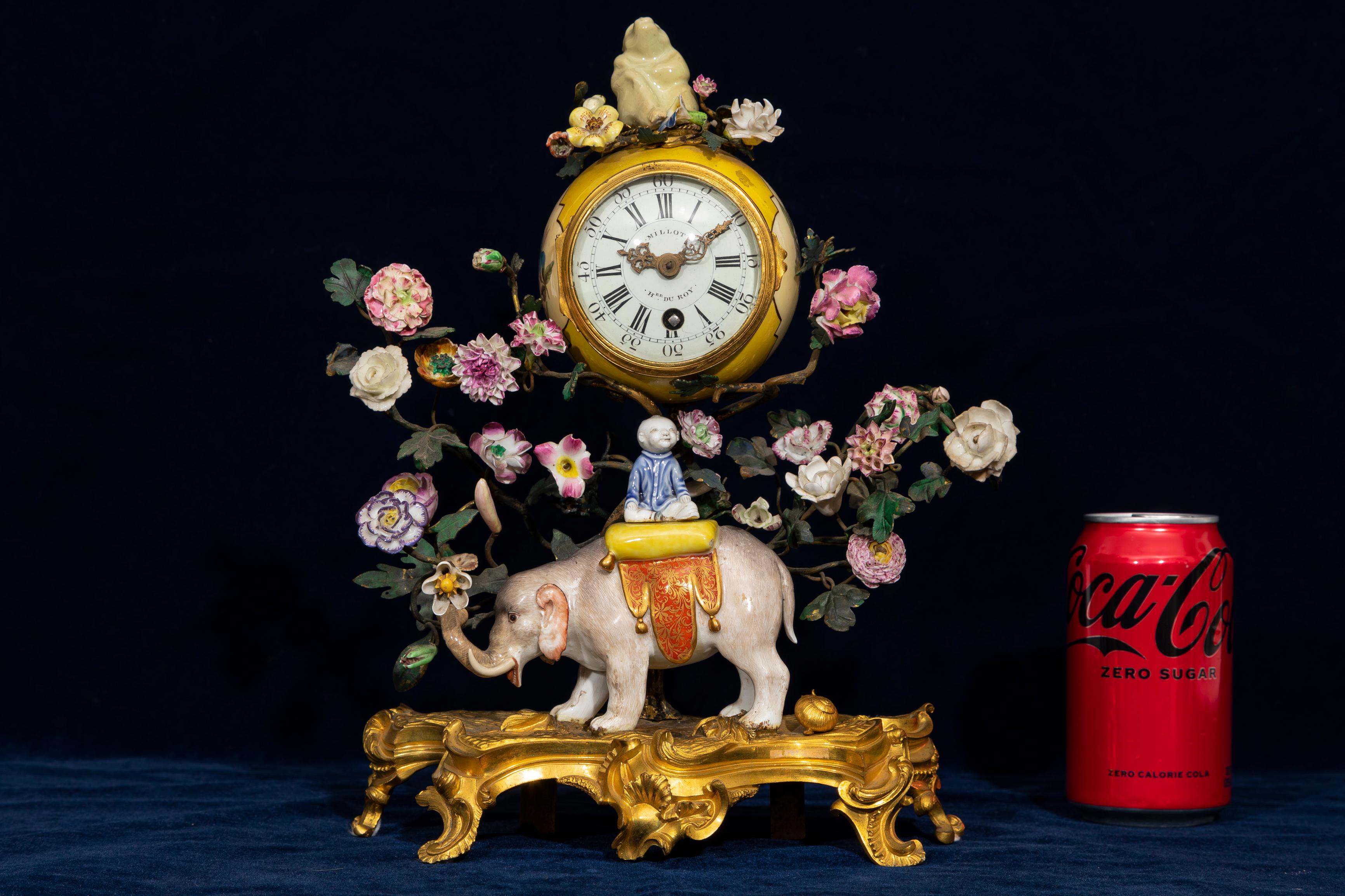 Hand-Carved Louis XV Ormolu Mntd. Meissen Porcelain Chinoiserie Elephant Clock w/ Snail For Sale
