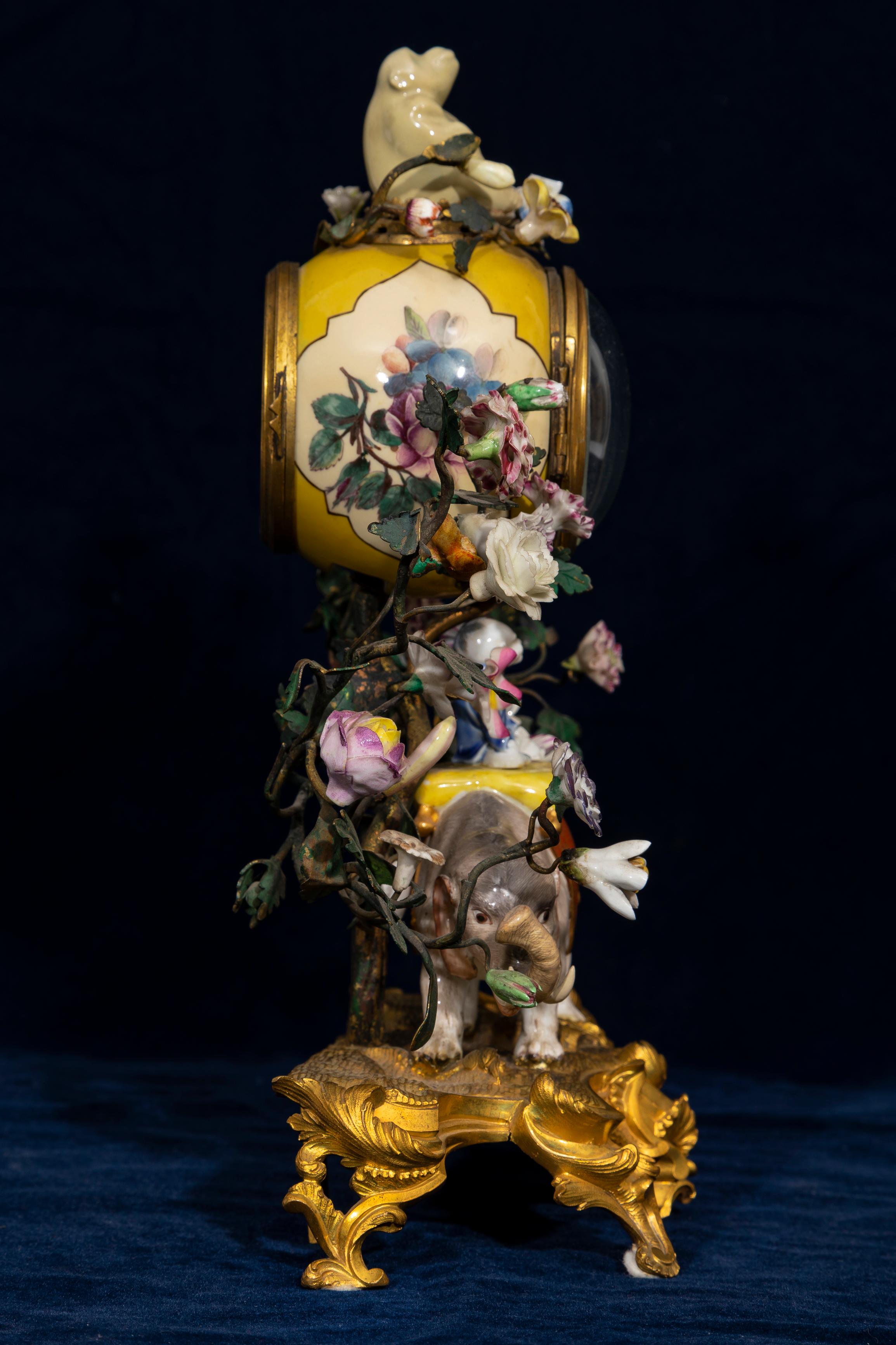 18th Century and Earlier Louis XV Ormolu Mntd. Meissen Porcelain Chinoiserie Elephant Clock w/ Snail For Sale