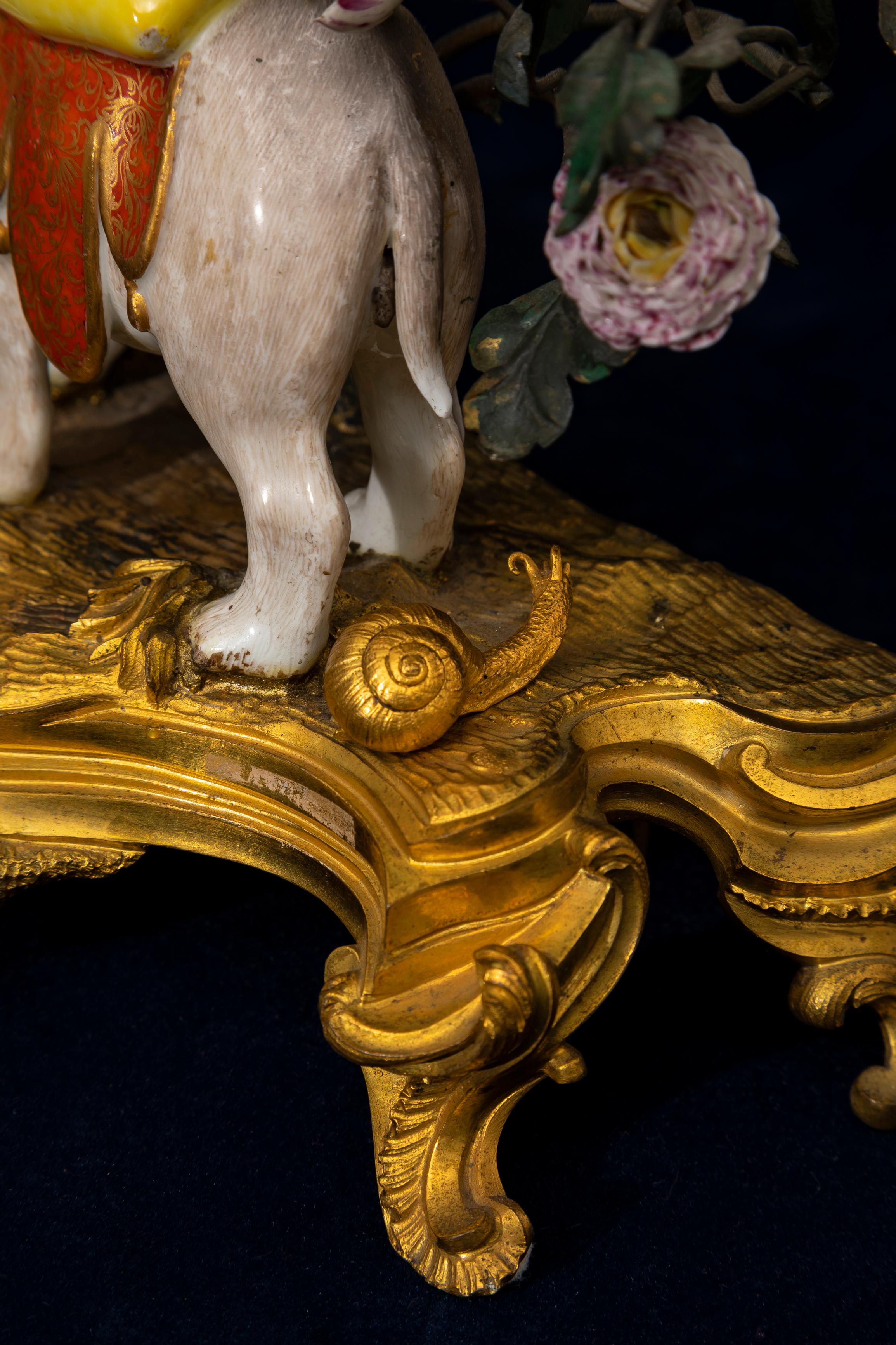 Louis XV Ormolu Mntd. Meissen Porcelain Chinoiserie Elephant Clock w/ Snail For Sale 3