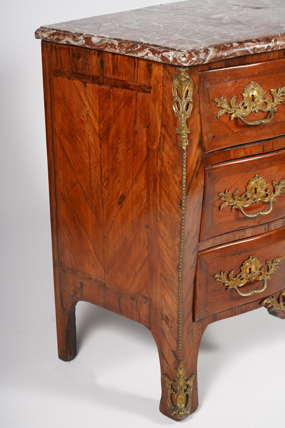18th Century Louis XV Ormolu Mounted Serpentine Front Kingwood and Tulipwood Commode, 18th C