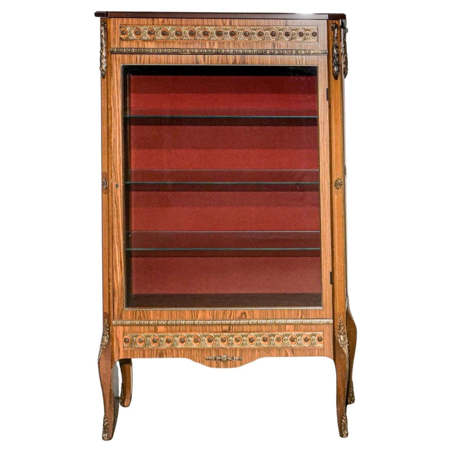 Louis XV Ormolu & Satinwood Inlaid Parquetry Glass Door Lighted Display  Cabinet