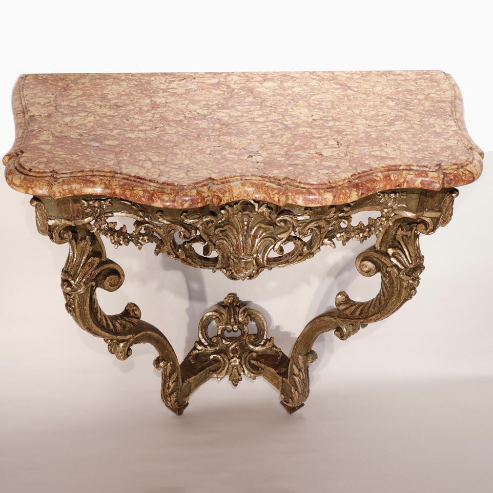 Louis XV Painted and Parcel Gilt Oak Marble Top Console For Sale 8