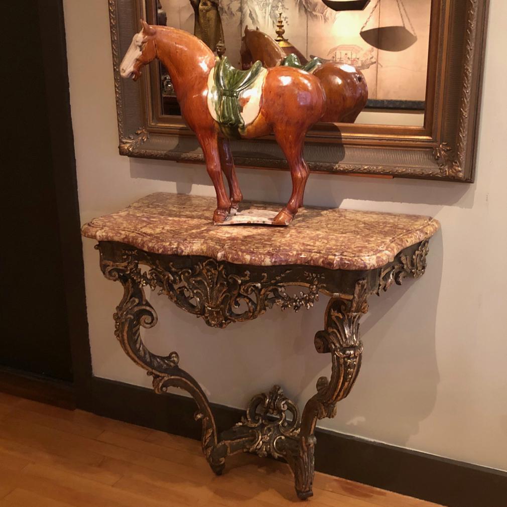 Louis XV Painted and Parcel Gilt Oak Marble Top Console For Sale 9