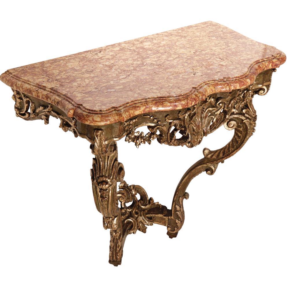 French Louis XV Painted and Parcel Gilt Oak Marble Top Console For Sale