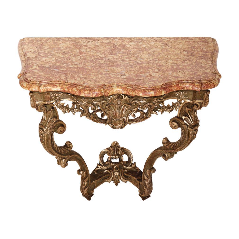 Carved Louis XV Painted and Parcel Gilt Oak Marble Top Console For Sale