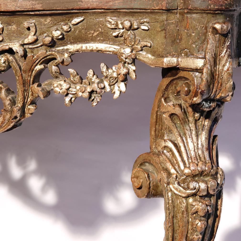 Louis XV Painted and Parcel Gilt Oak Marble Top Console For Sale 1