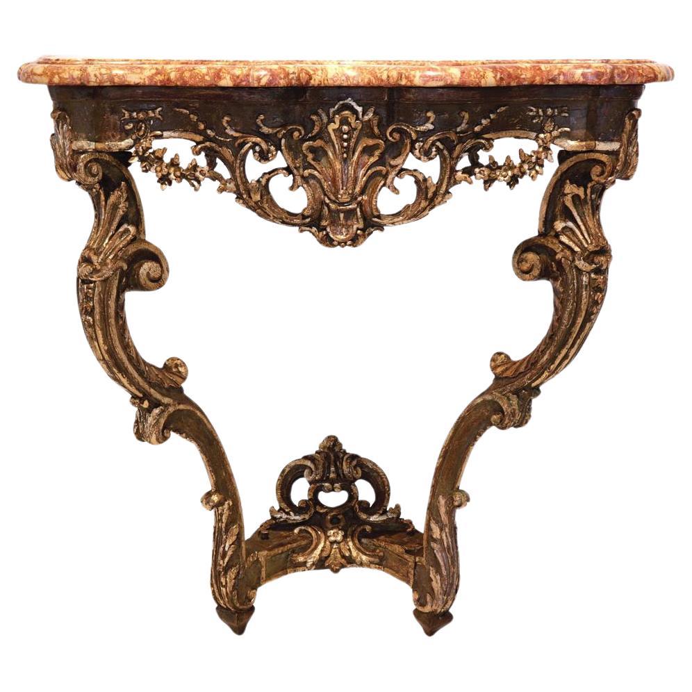 Louis XV Painted and Parcel Gilt Oak Red Limestone Top Console For Sale