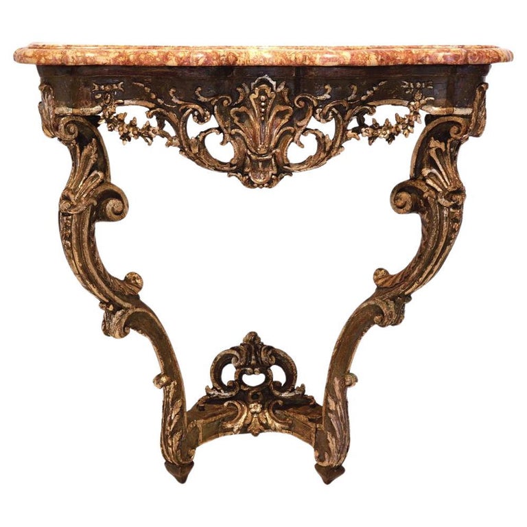 Louis XV Konsole aus lackierter und vergoldeter Eiche mit roter Kalksteinplatte im Angebot bei 1stDibs Deutschland