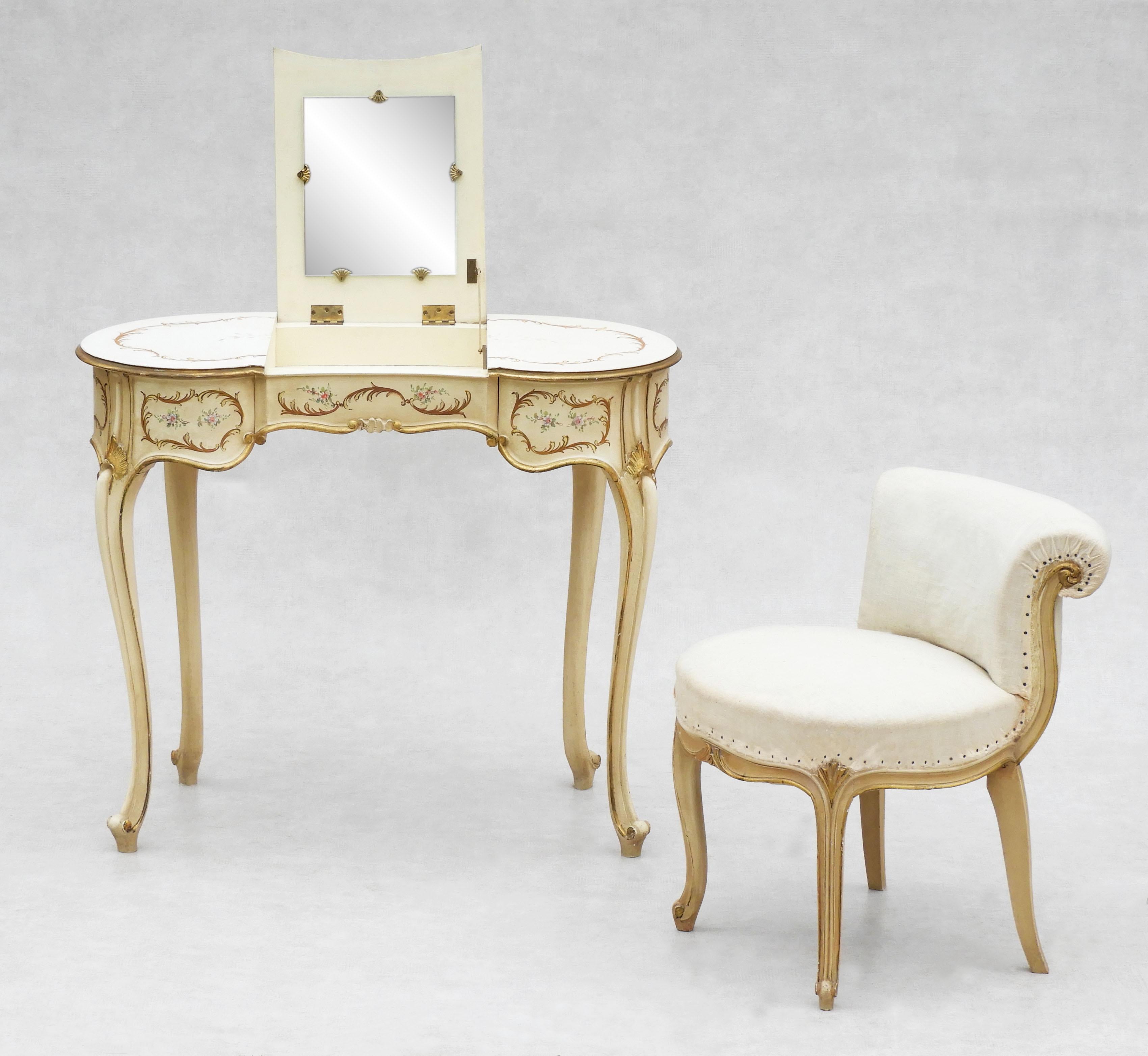 French Louis XV Painted Dressing Table or Vanity and Chair, C1950s, Paris