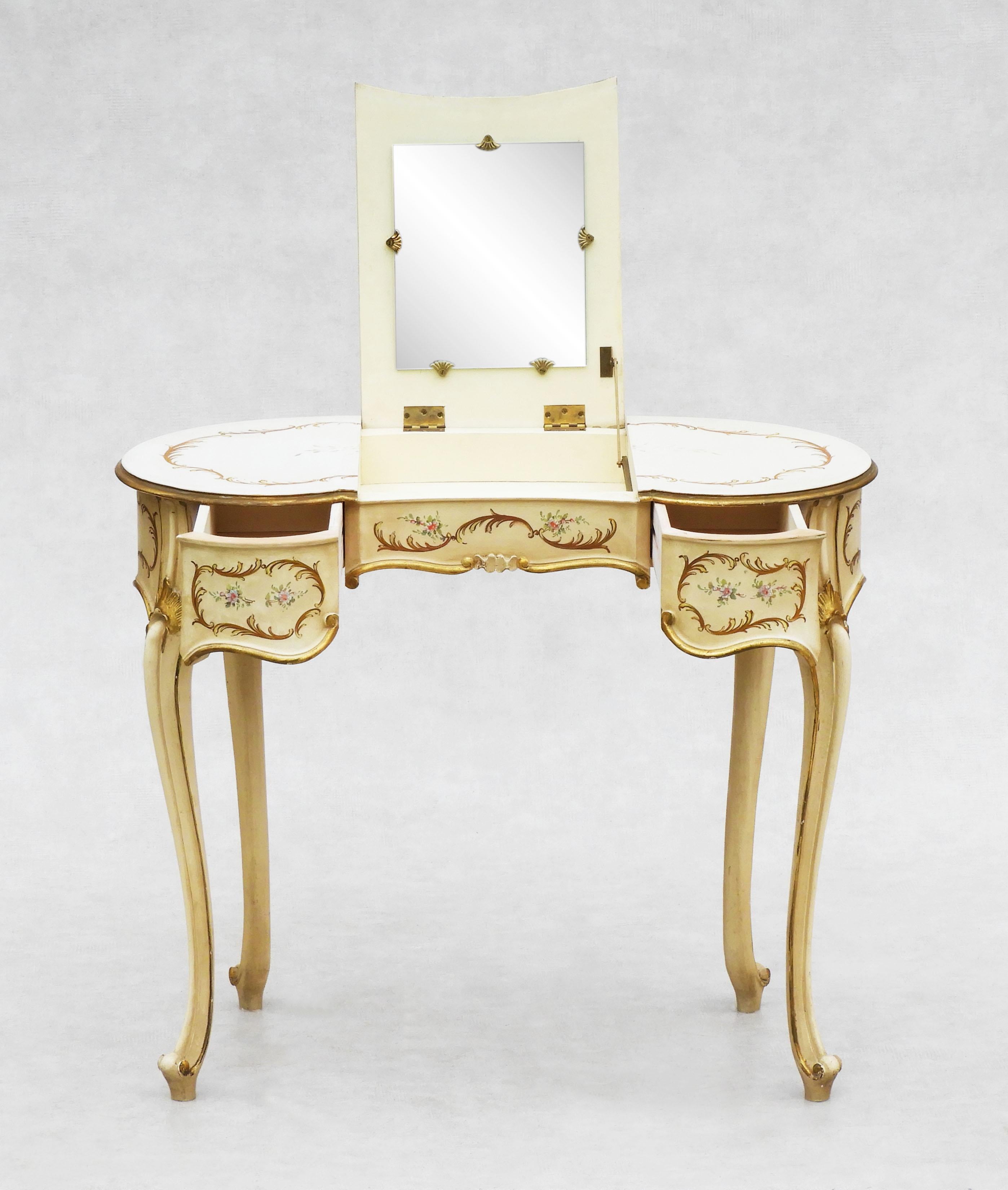 Hand-Painted Louis XV Painted Dressing Table or Vanity and Chair, C1950s, Paris