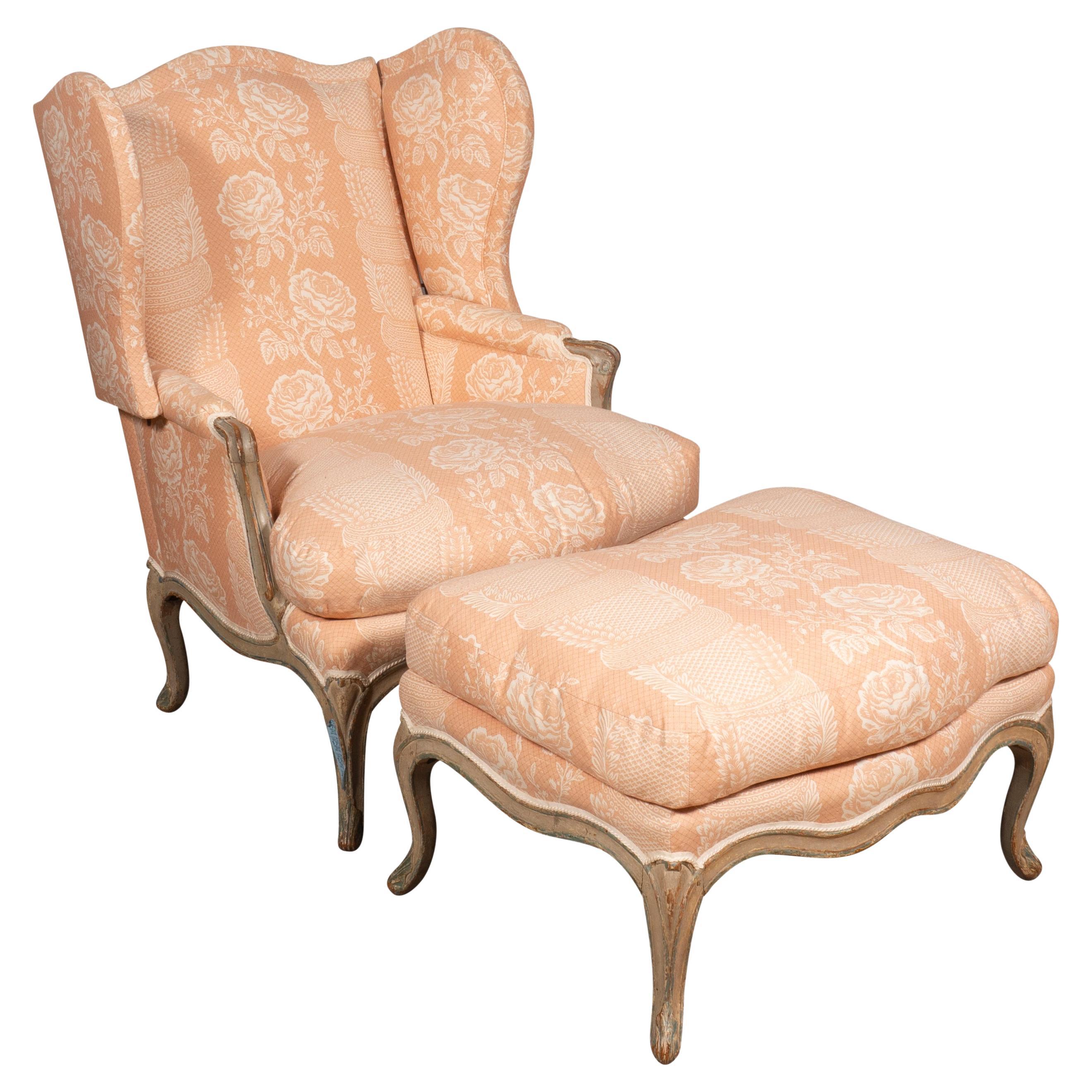 With arched back and removable wings and upholstered back with down cushion seat, molded carved arms , raised on cabriole legs with accompanying bench. Both ensuite. Formerly part of a Mark Hampton Palm Beach installation.