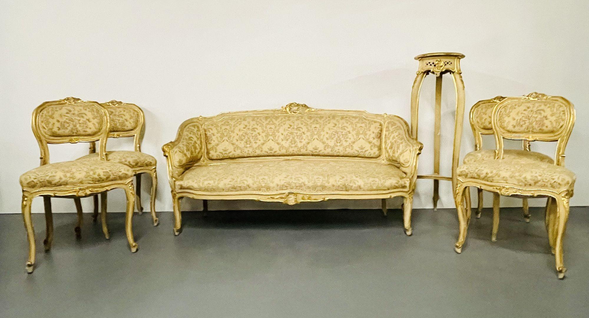 Suite de salon peinte de style Louis XV, banquette, 4 chaises d'appoint, table centrale, piédestal en vente 5