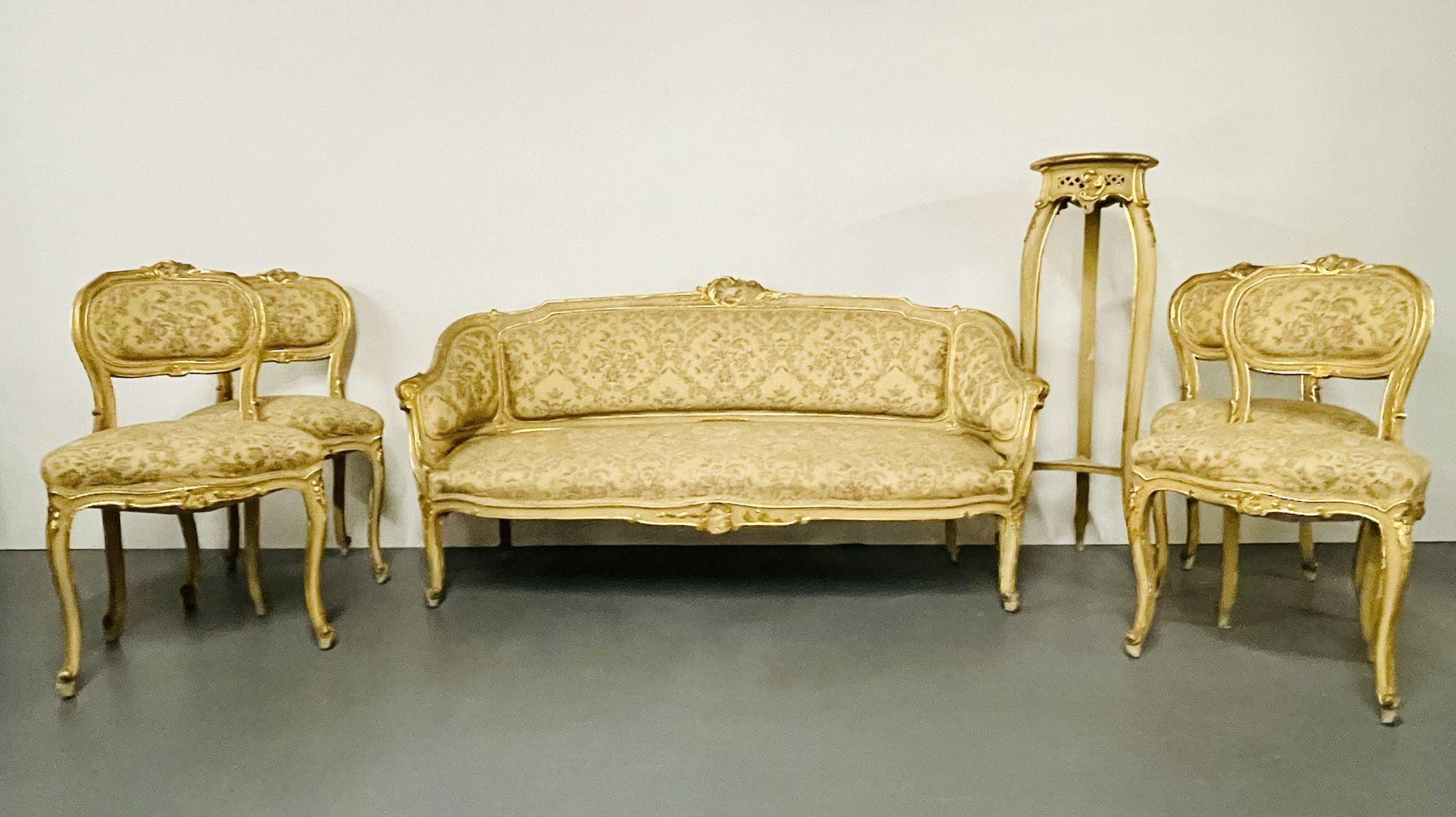 Louis XV Painted Livingroom Suite, Settee, 4 Side Chairs, Center Table, Pedestal For Sale 7
