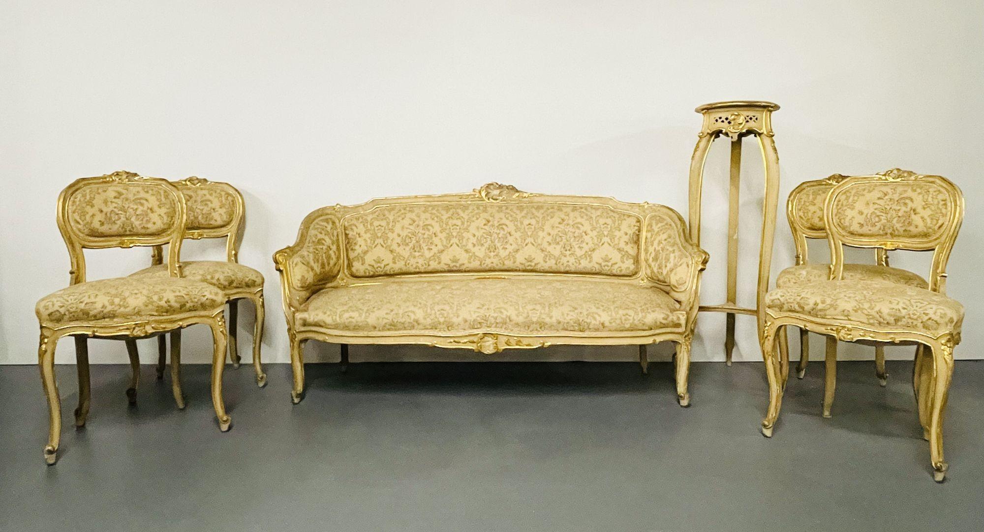 Louis XV Painted Livingroom Suite, Settee, 4 Side Chairs, Center Table, Pedestal For Sale 3