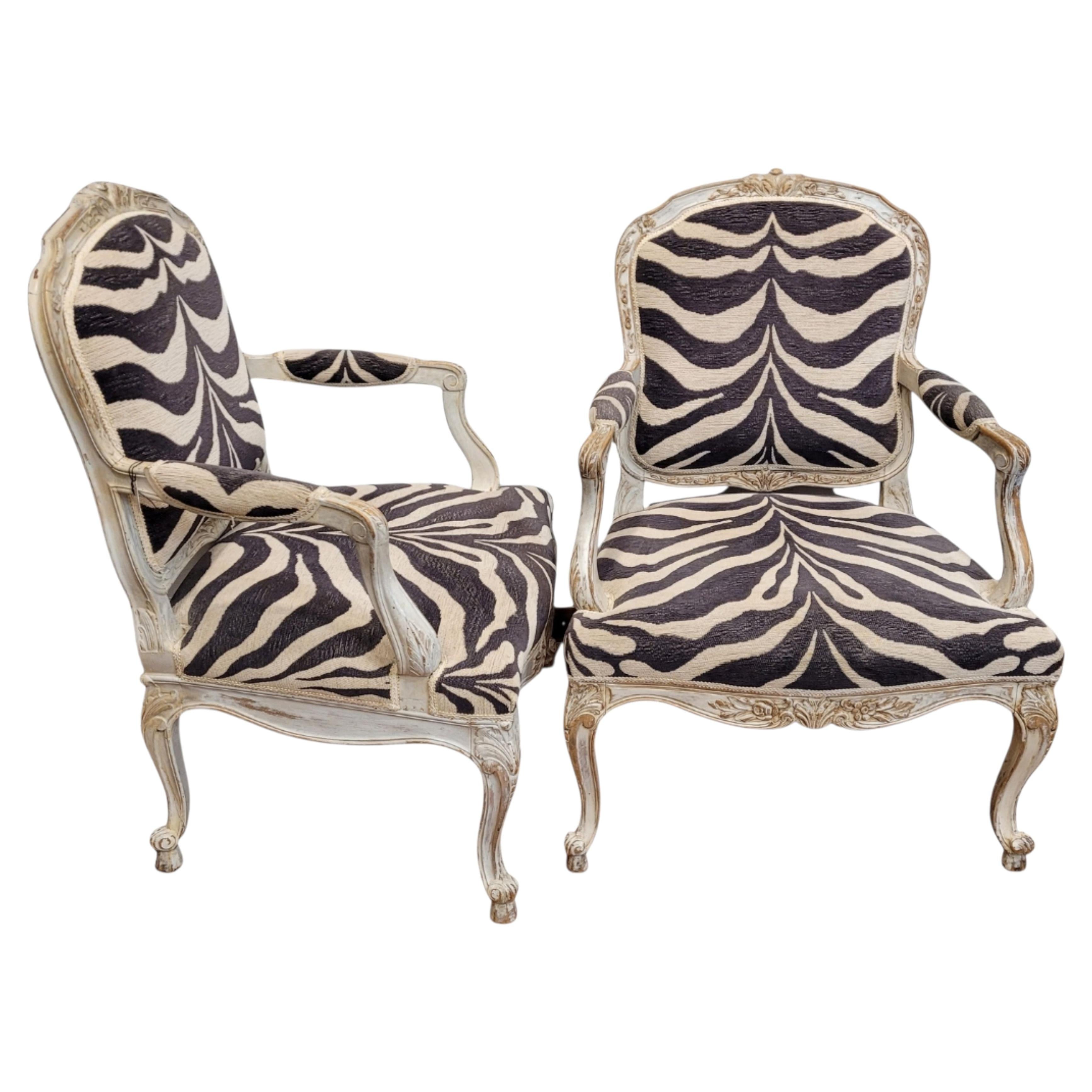 Louis XV Pair Armchairs in off-white wood and zebra print upholstery France