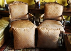 Louis XV Pair of Tan Silk Brocade Carved Armchairs in Oak with Two Pillows