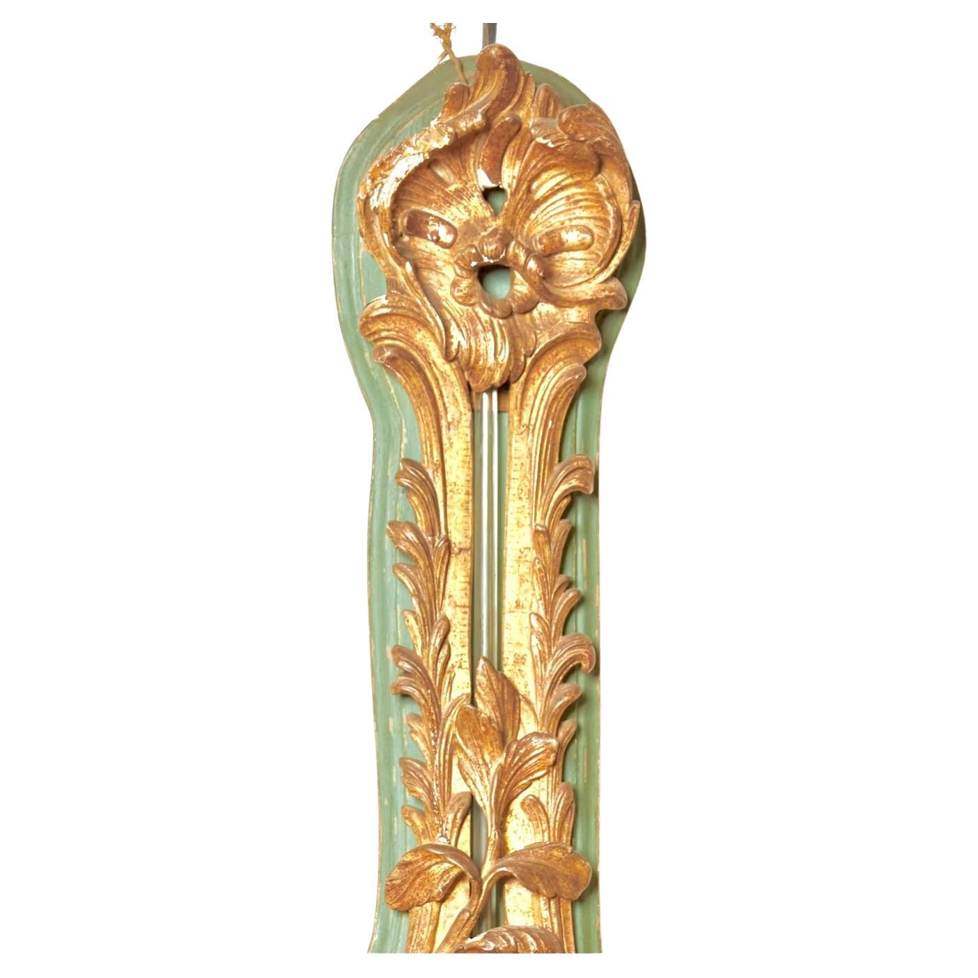 18th century Louis XV period hand carved and painted parcel gilt French wall barometer. Louis XV giltwood case with ornately hand-carved scrollwork on a green painted wood back. A beautiful addition to any decor. 