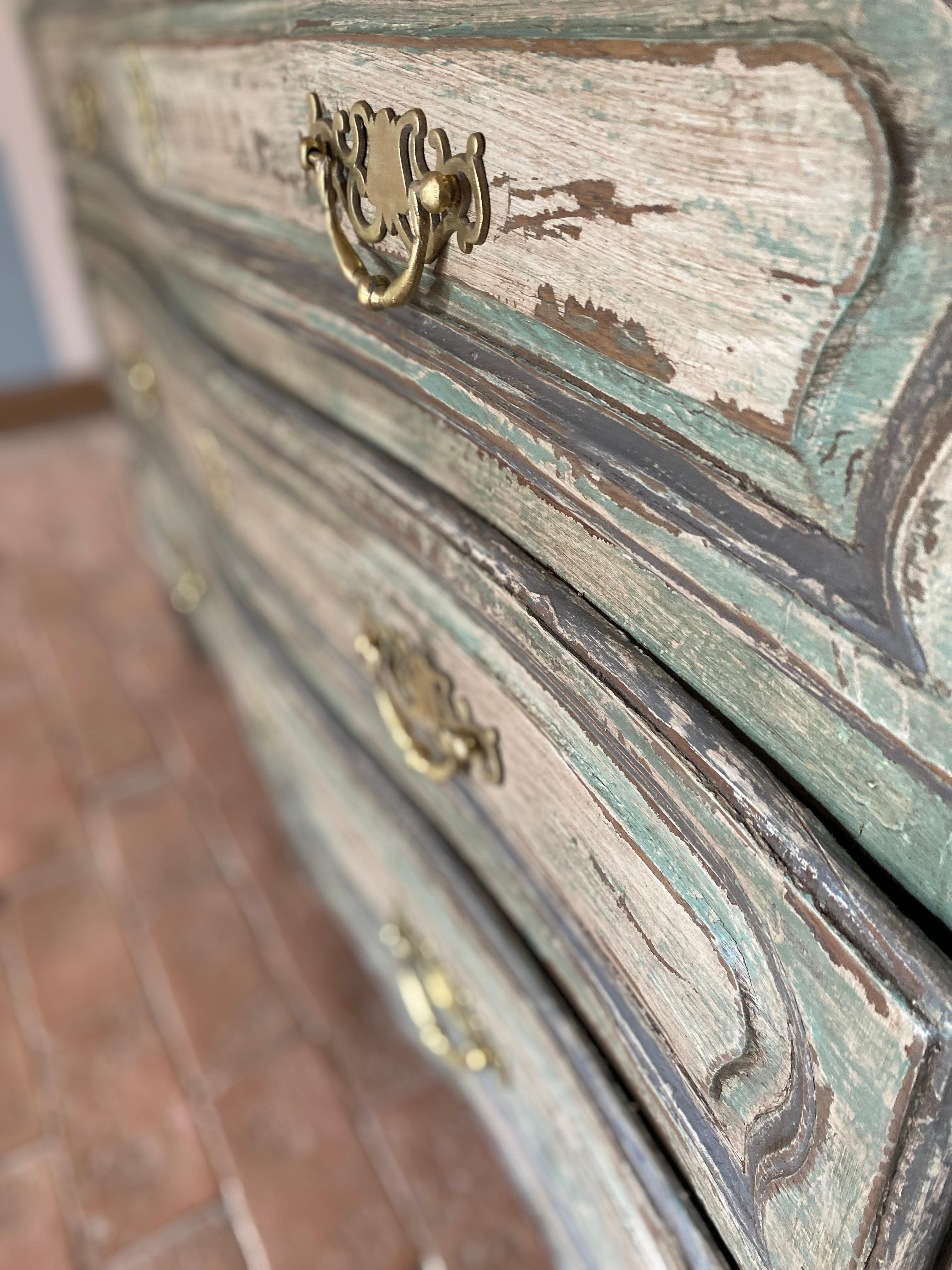 Hand-Painted Louis XV patinated curved chest of drawers 18th century  For Sale
