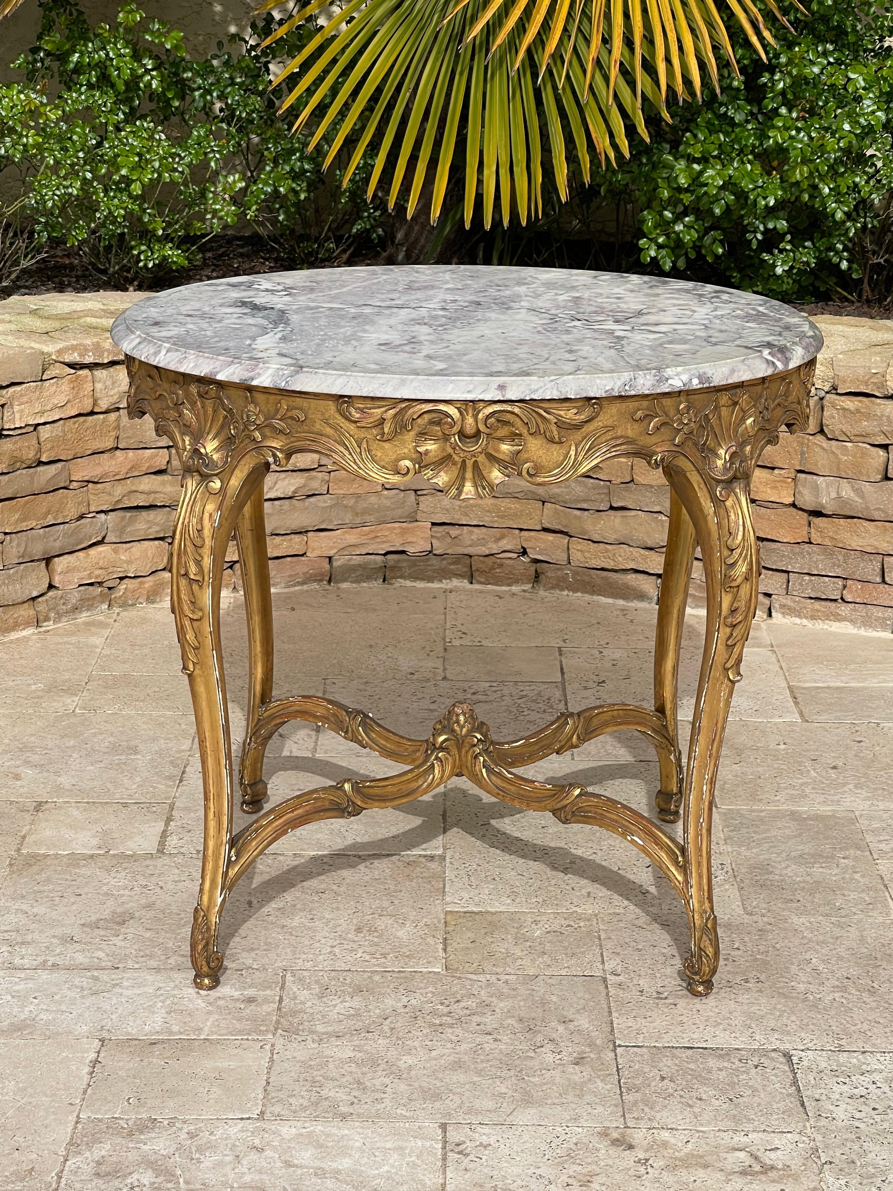 French Louis XV Pedestal Table In Gilt Wood For Sale