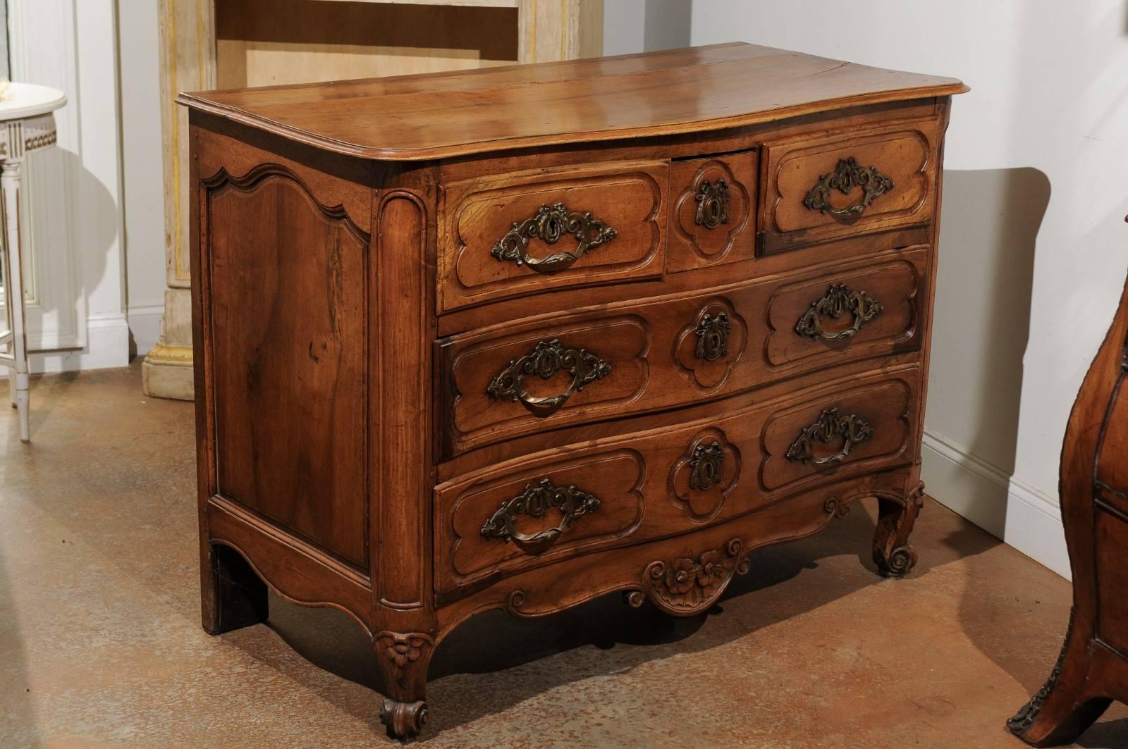 Hand-Carved Louis XV Period 1740s French Walnut Five-Drawer Commode with Cartouche Carvings