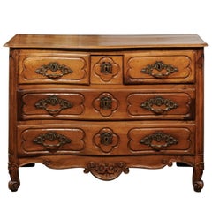 Louis XV Period 1740s French Walnut Five-Drawer Commode with Cartouche Carvings