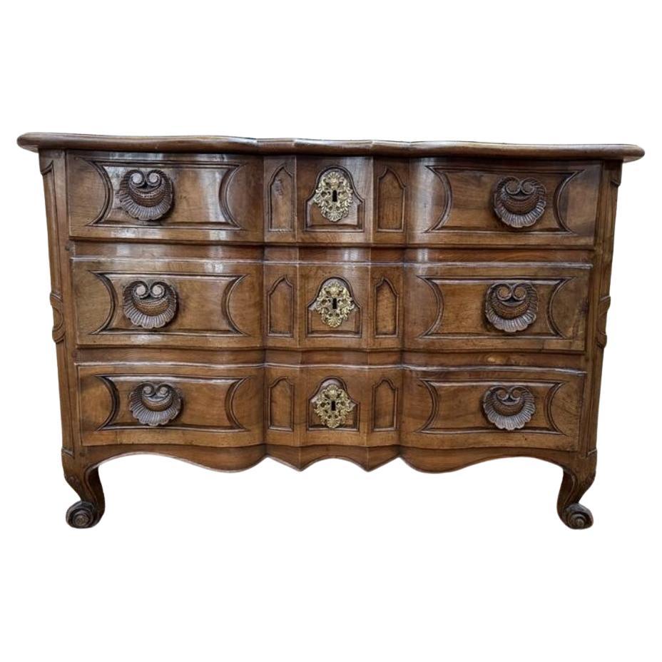 Louis XV Period Chest of Drawers in Solid Walnut with Carved Shell Handles